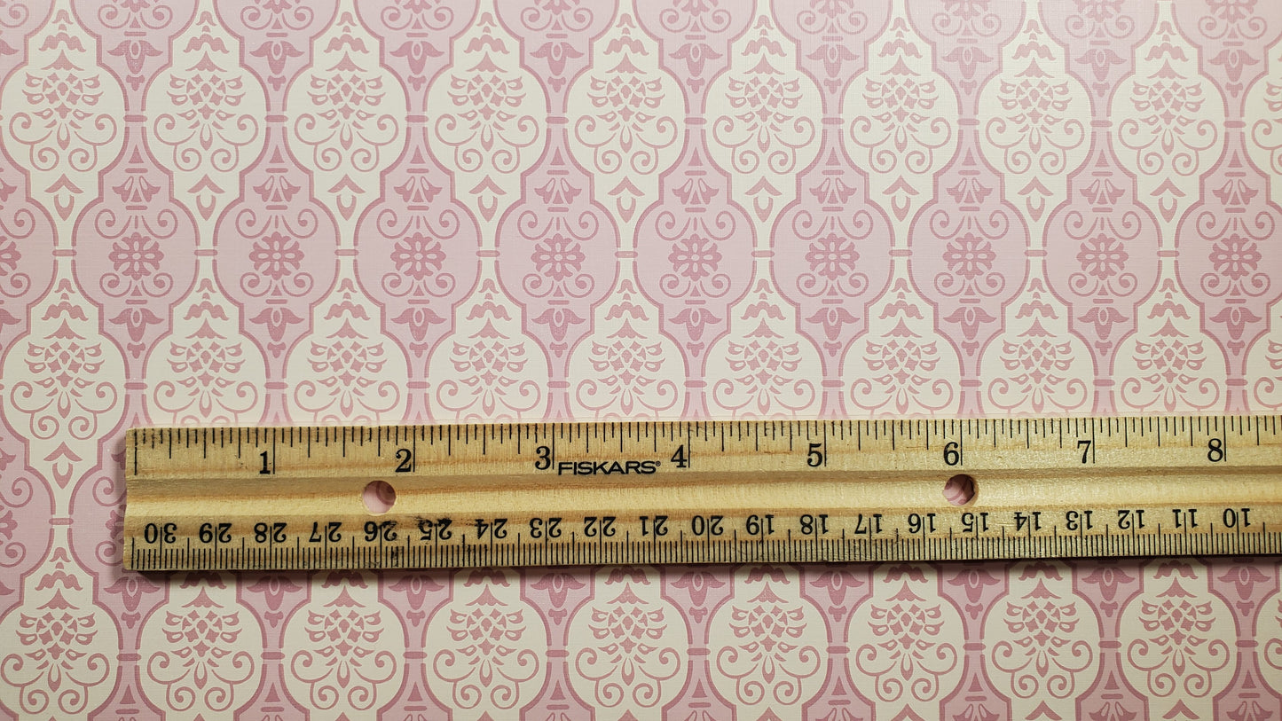 Dollhouse Wallpaper Pink Fleur Damask 3 Sheets White Pink Green Blue 1:12 Scale