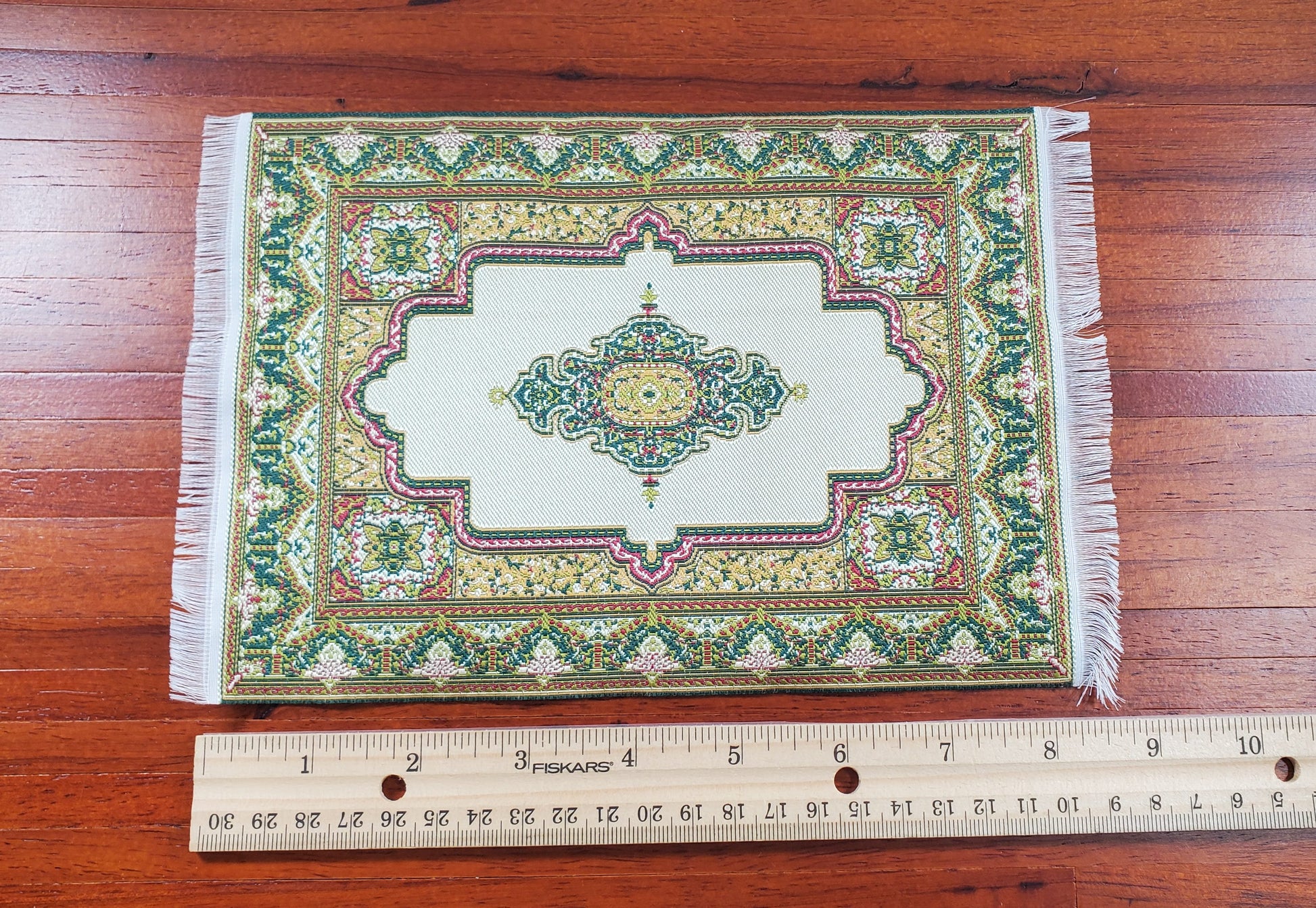 Dollhouse Rug Woven Fabric Gold and Green Victorian Style 1:12 Scale Miniature