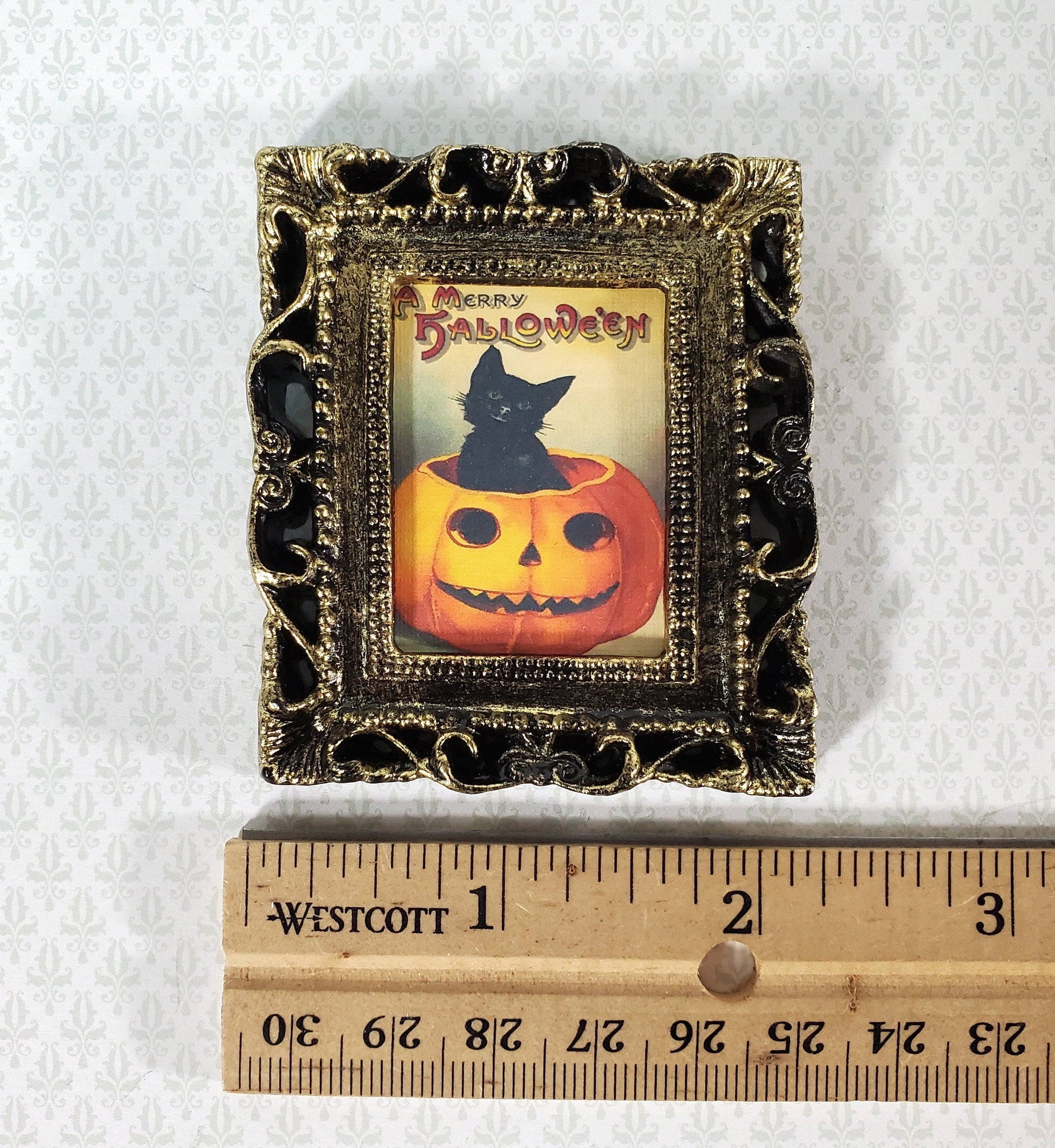 Miniature Vintage Black Cat in Pumpkin Halloween Framed Print 1:12 Scale Witch House