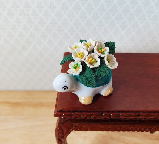 Dollhouse White Flowers in Green Ceramic Turtle Planter Pot 1:12 Scale Miniature