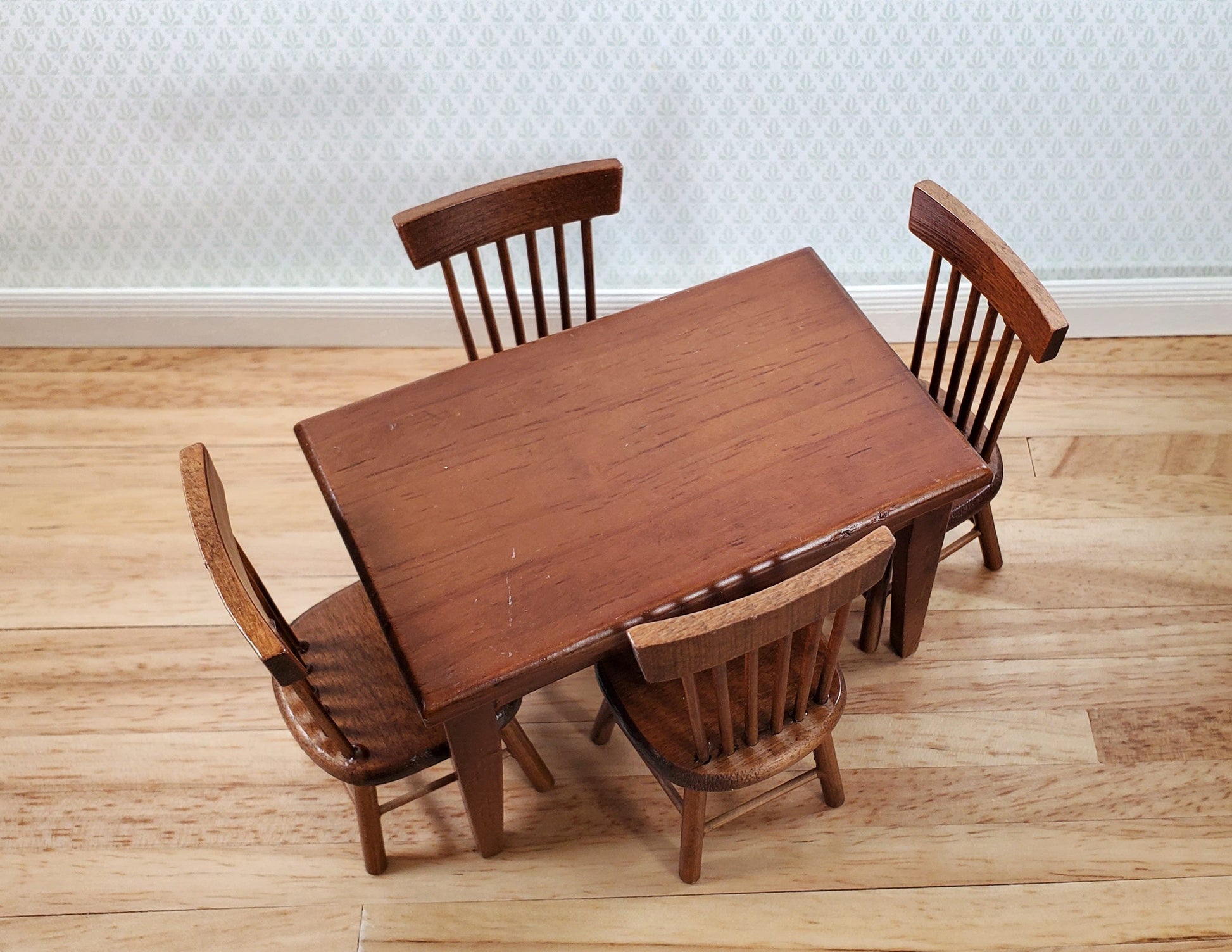 Dollhouse Kitchen Table with 4 Chairs Walnut Finish 1:12 Scale Miniature Furniture