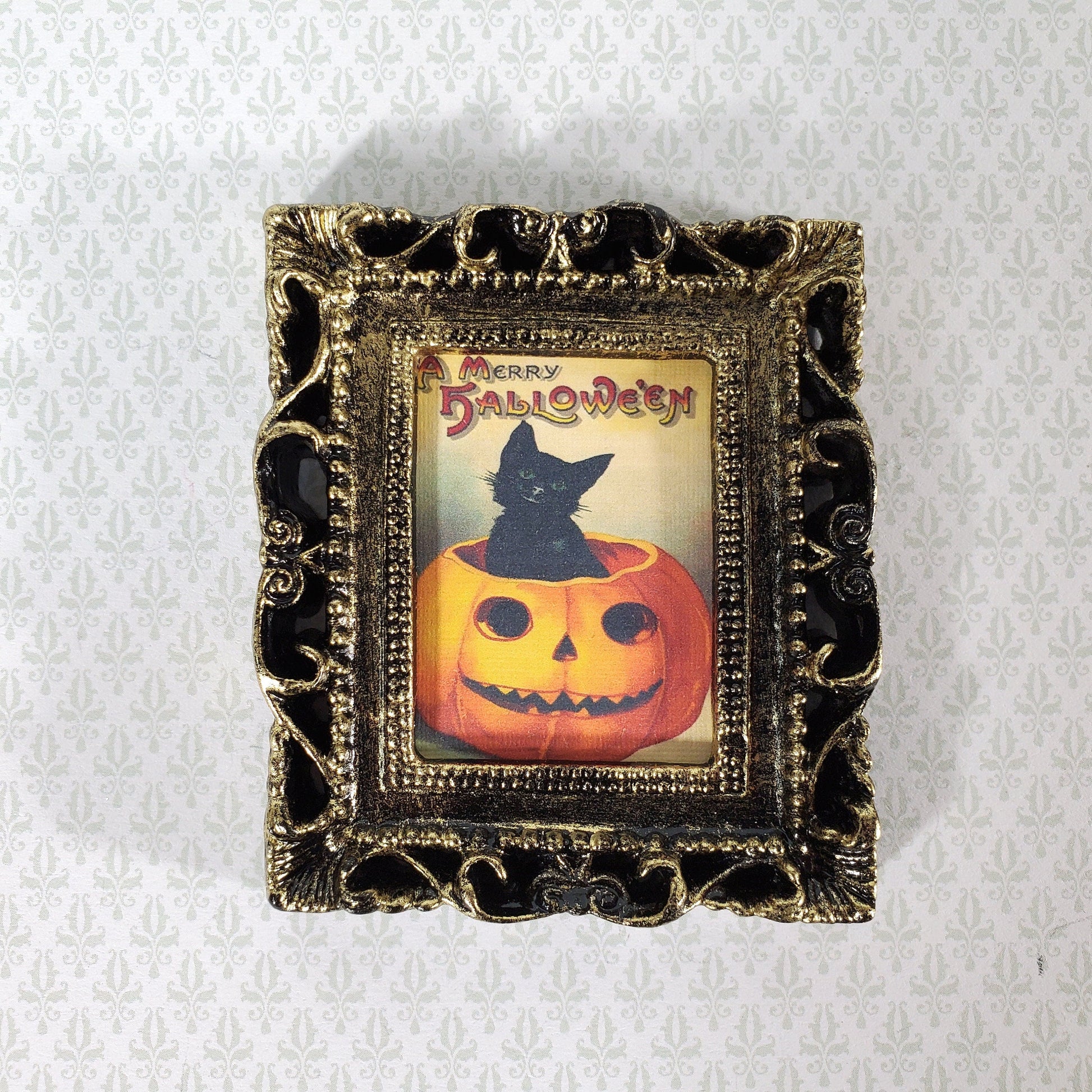 Miniature Vintage Black Cat in Pumpkin Halloween Framed Print 1:12 Scale Witch House