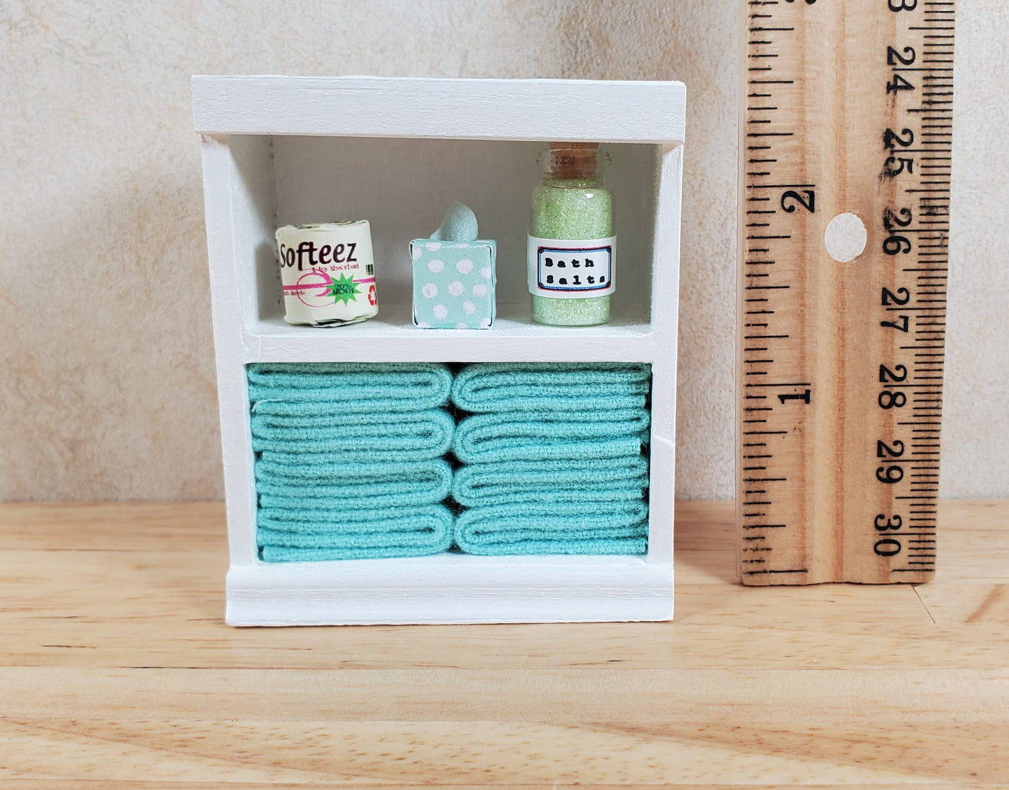 Dollhouse Bathroom Shelf with Teal Towels & Accessories 1:12 Scale Handmade