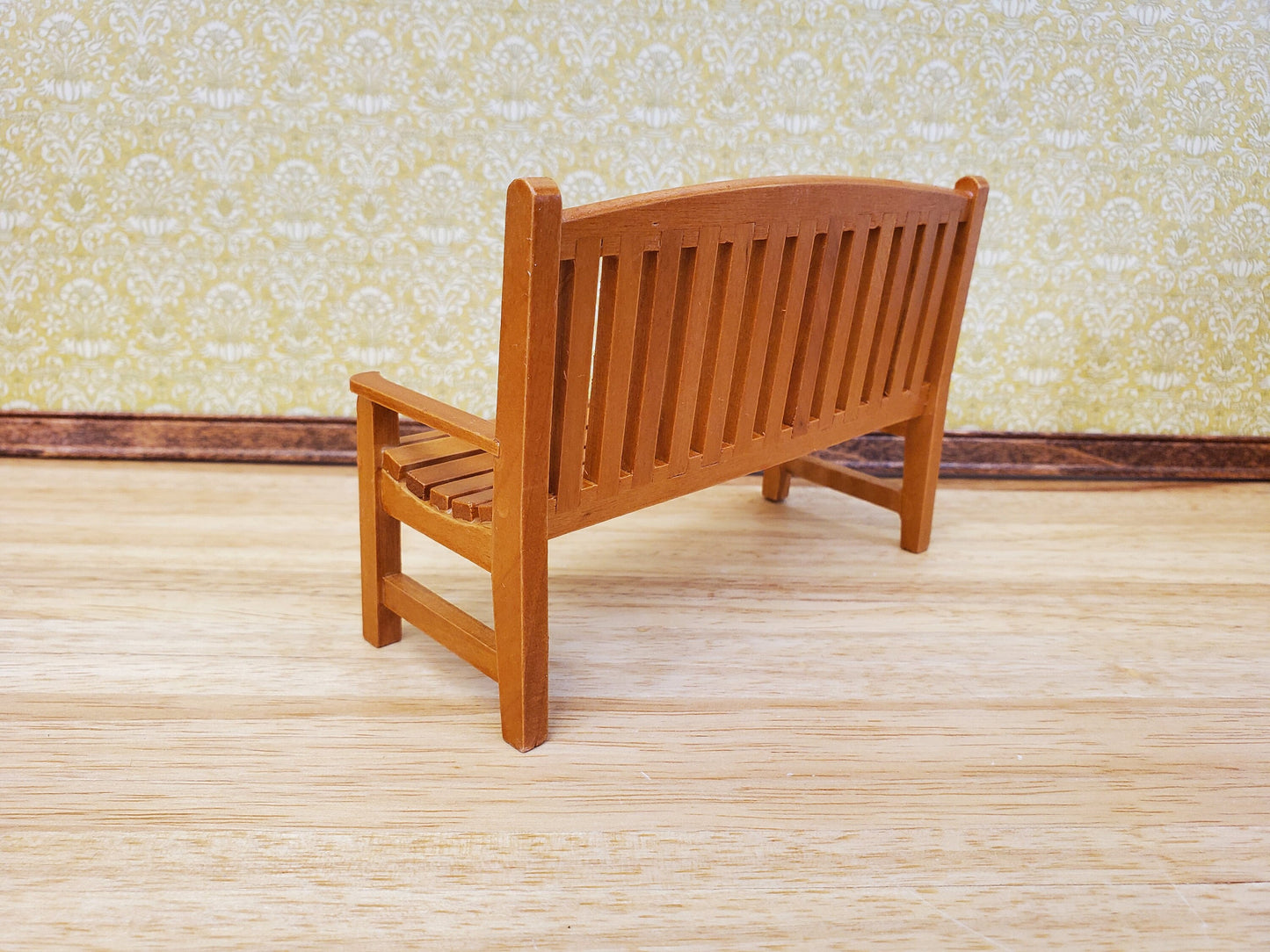 Dollhouse Garden Bench Large Classic Style Wood with Walnut Finish 1:12 Scale Miniature Furniture