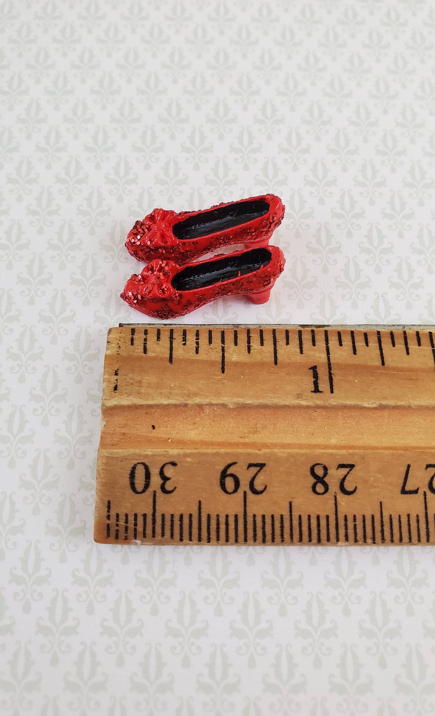 Tiny Miniature Ruby Red Shoes Slippers with Bow & Glitter 1:12 Scale Dollhouse