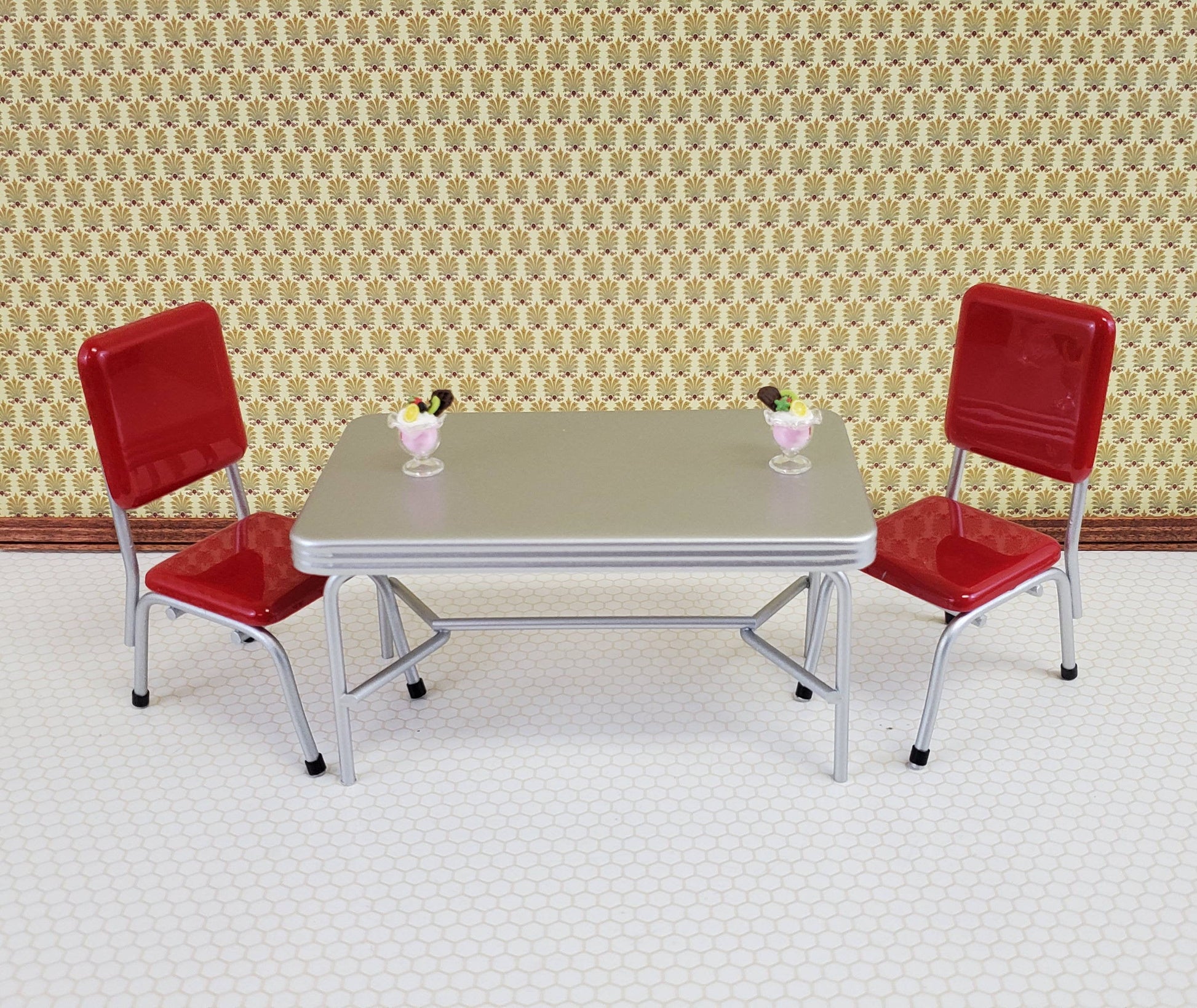 Dollhouse Miniatures 1950s Style Kitchen Table with 2 Red Chairs 1:12 Scale
