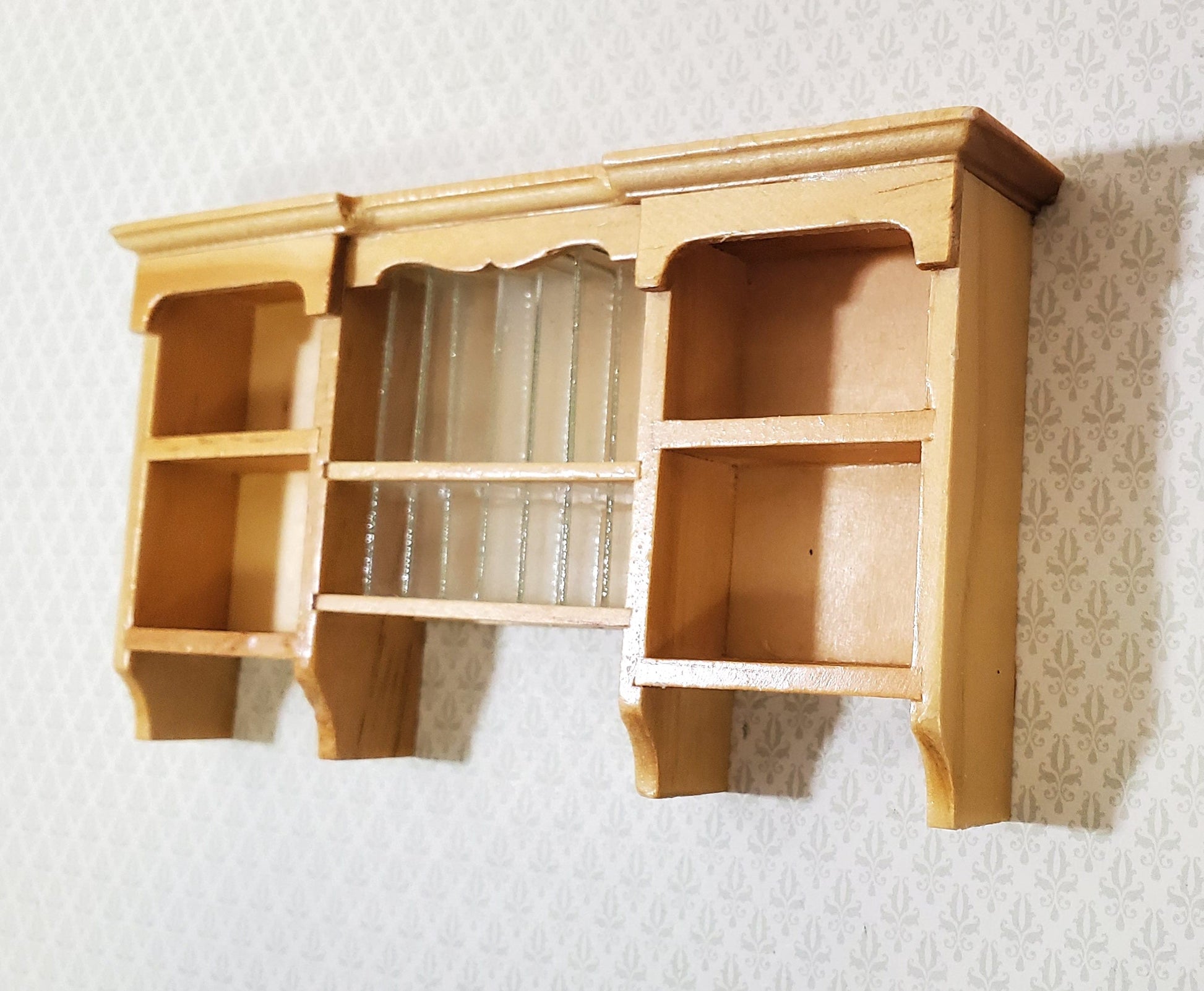 Dollhouse Hanging Shelf with Plate Rack Kitchen Light Oak Finish 1:12 Scale Miniature Furniture