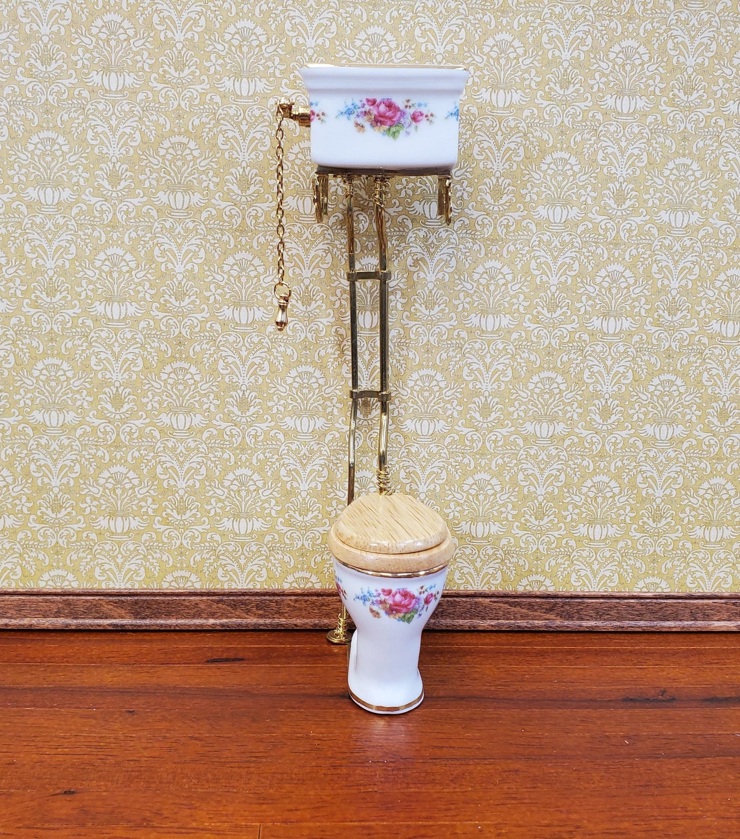 Reutter's Dollhouse Toilet High Tank Vintage Style Porcelain 1:12 Scale Dresden Rose Pattern