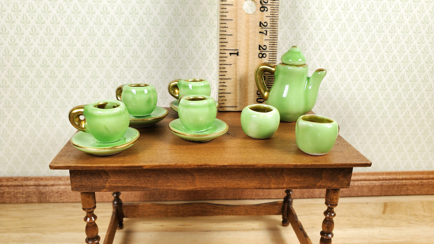 Miniature Retro Tea Set Teapot 4 Cups Saucers Sugar Creamer Green Gold OVERSIZED