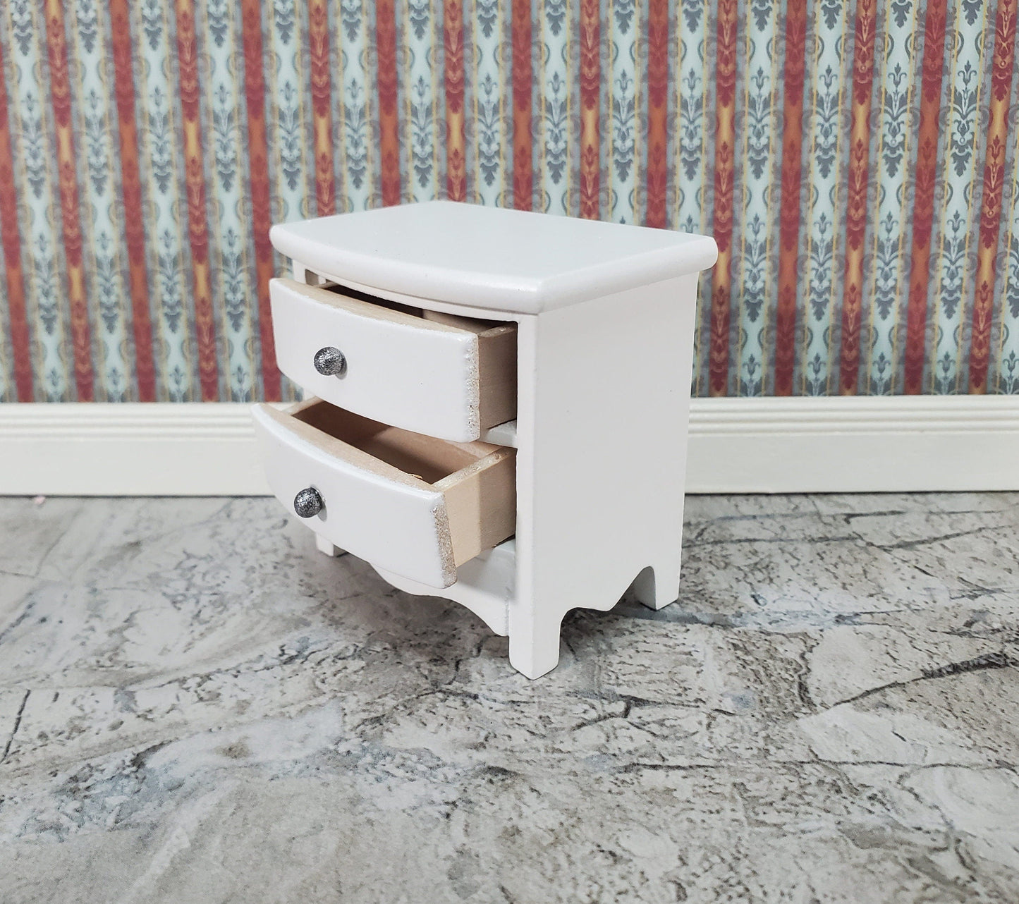 Dollhouse Side Table or Nightstand with 2 Drawers White 1:12 Scale Miniature Furniture
