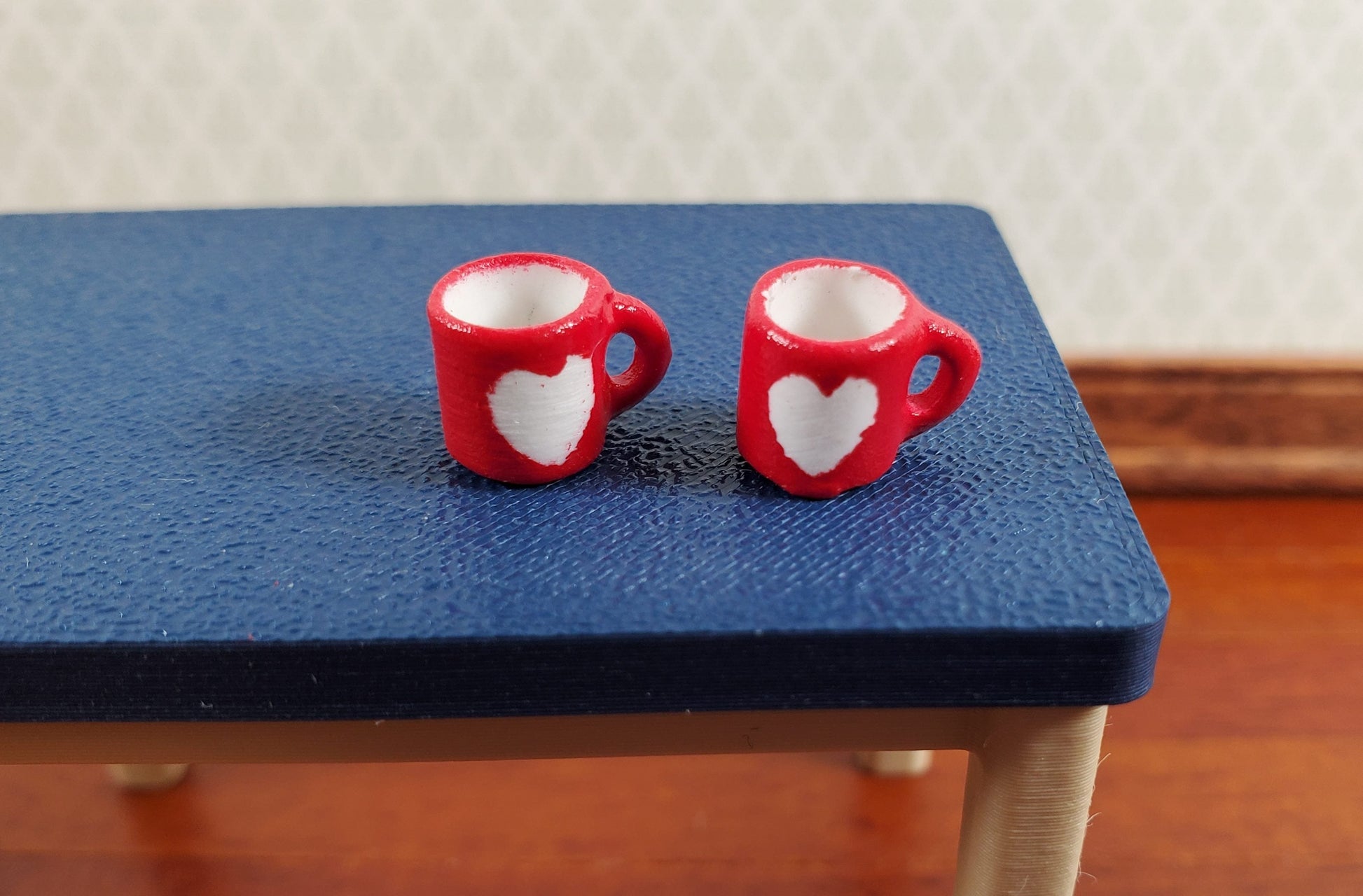 Dollhouse Coffee Mugs Red with White Heart 1:24 Scale Set of 2 Small Dishes