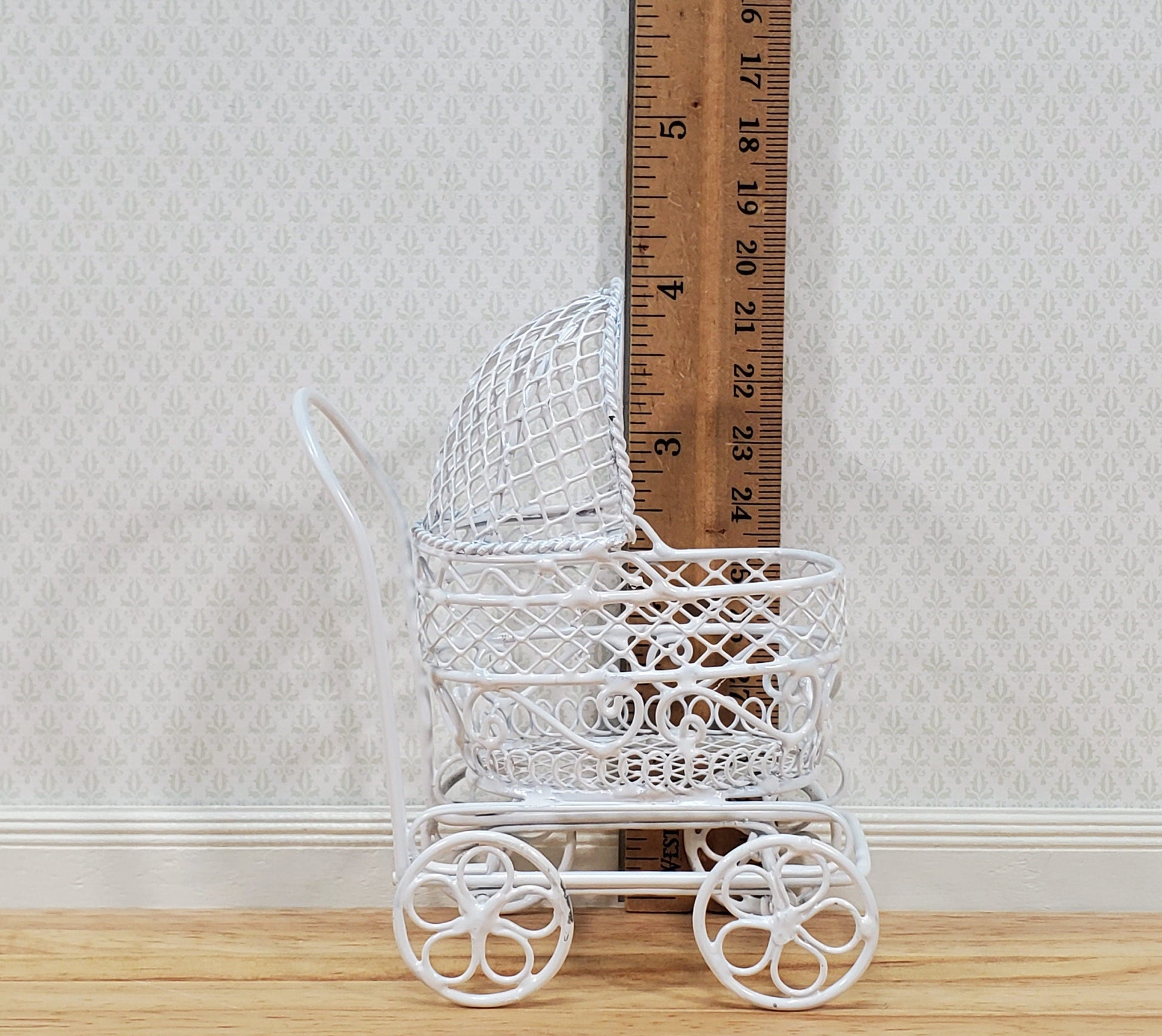 Dollhouse Pram Stroller Carriage White Metal Wire 1:12 Scale Nursery Miniature Furniture