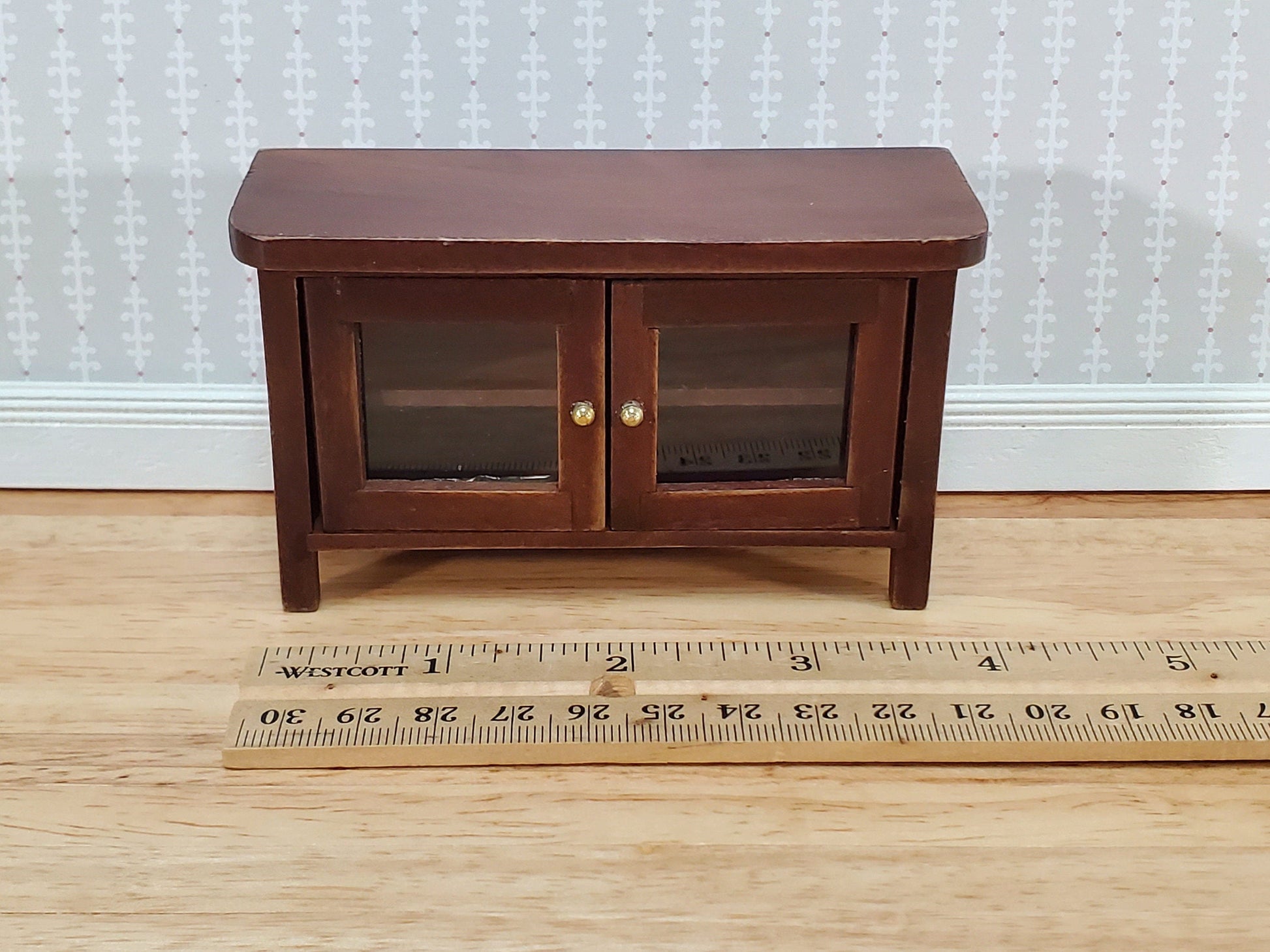 Dollhouse TV Media Stand Low Cabinet Modern Style Walnut Finish 1:12 Scale Miniature Furniture