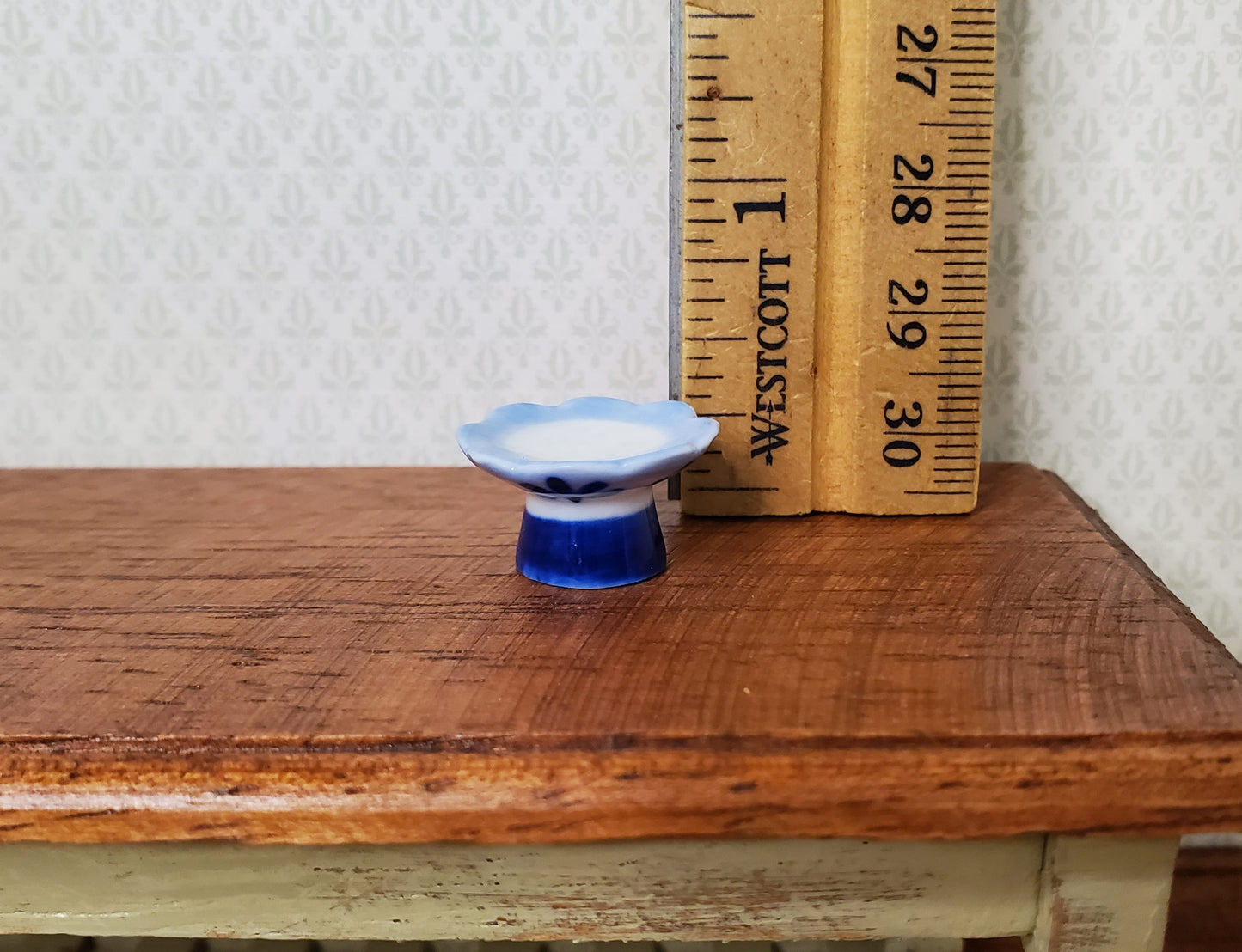 Dollhouse Miniature Pedestal Serving Bowl Blue & White Ceramic 1:12 Scale Decor