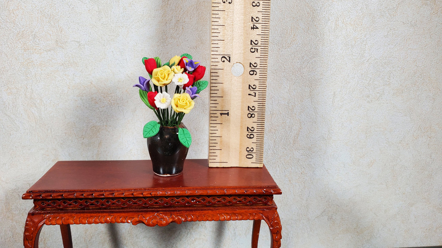 Dollhouse Yellow Roses & Asst Flowers in Black Ceramic Vase 1:12 Scale Miniature