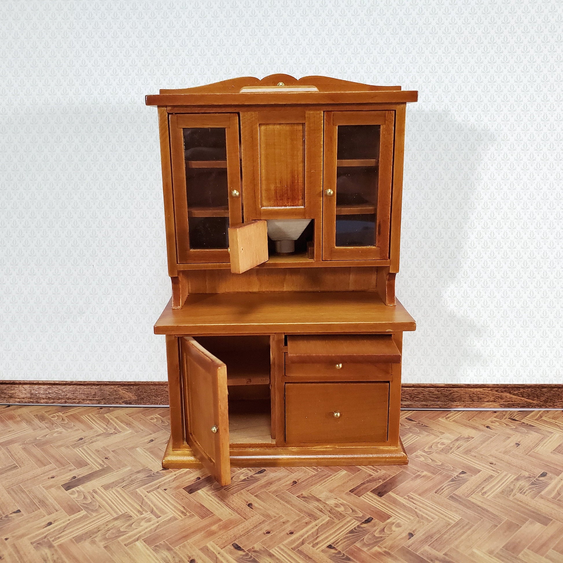Dollhouse Kitchen Cabinet w/ Flour Bin 1:12 Scale Miniature Furniture Walnut Finish