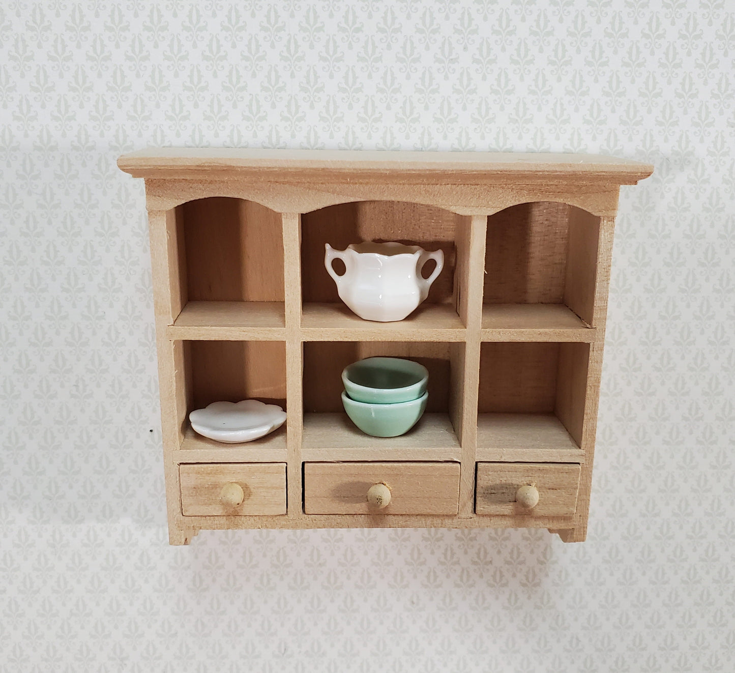 Dollhouse Hanging Shelf with Drawers & Cubbies 1:12 Scale Furniture Unpainted Wood