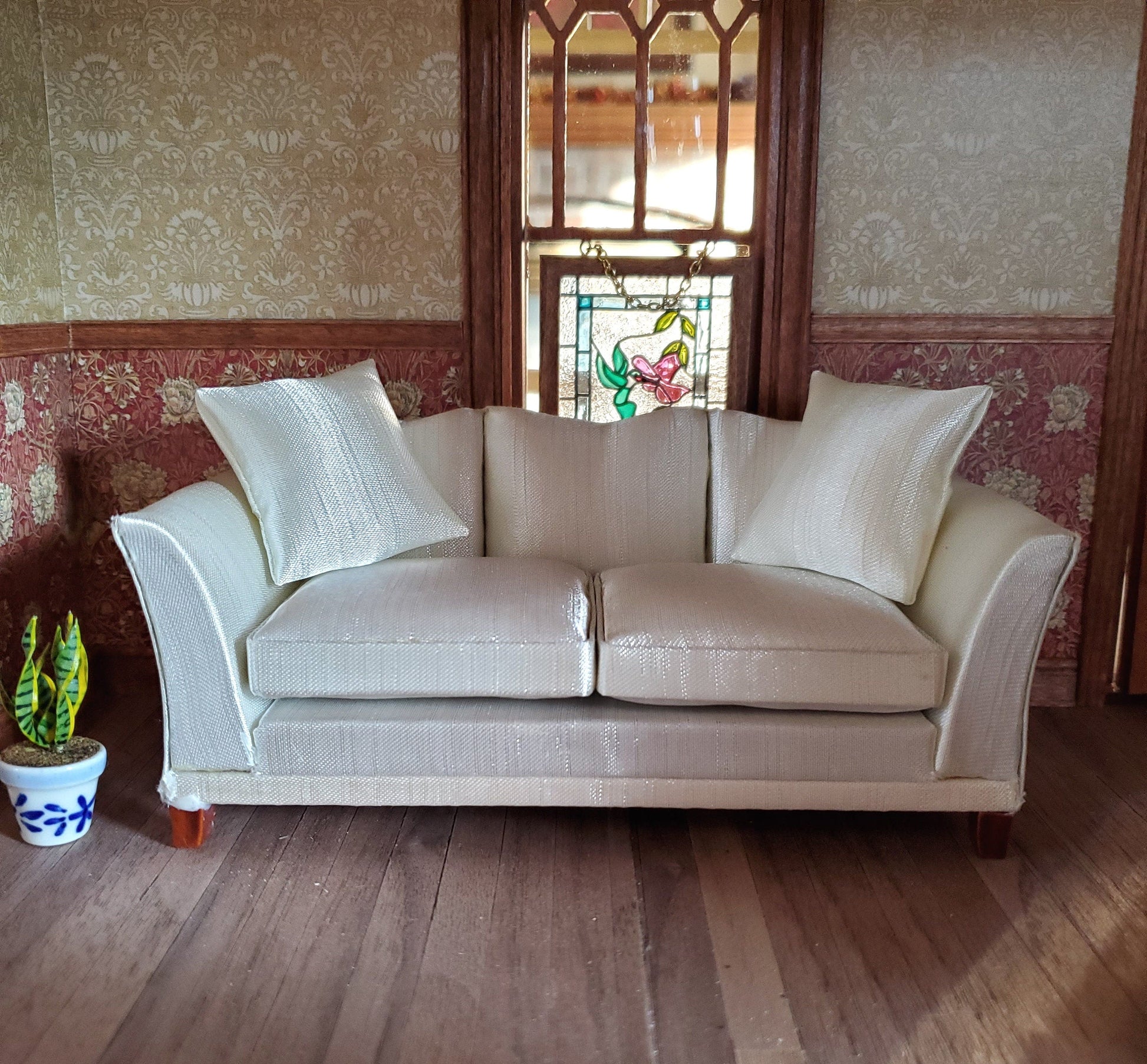 Dollhouse Sofa Couch Cream Faux Silk with Cushions 1:12 Scale Miniature Furniture