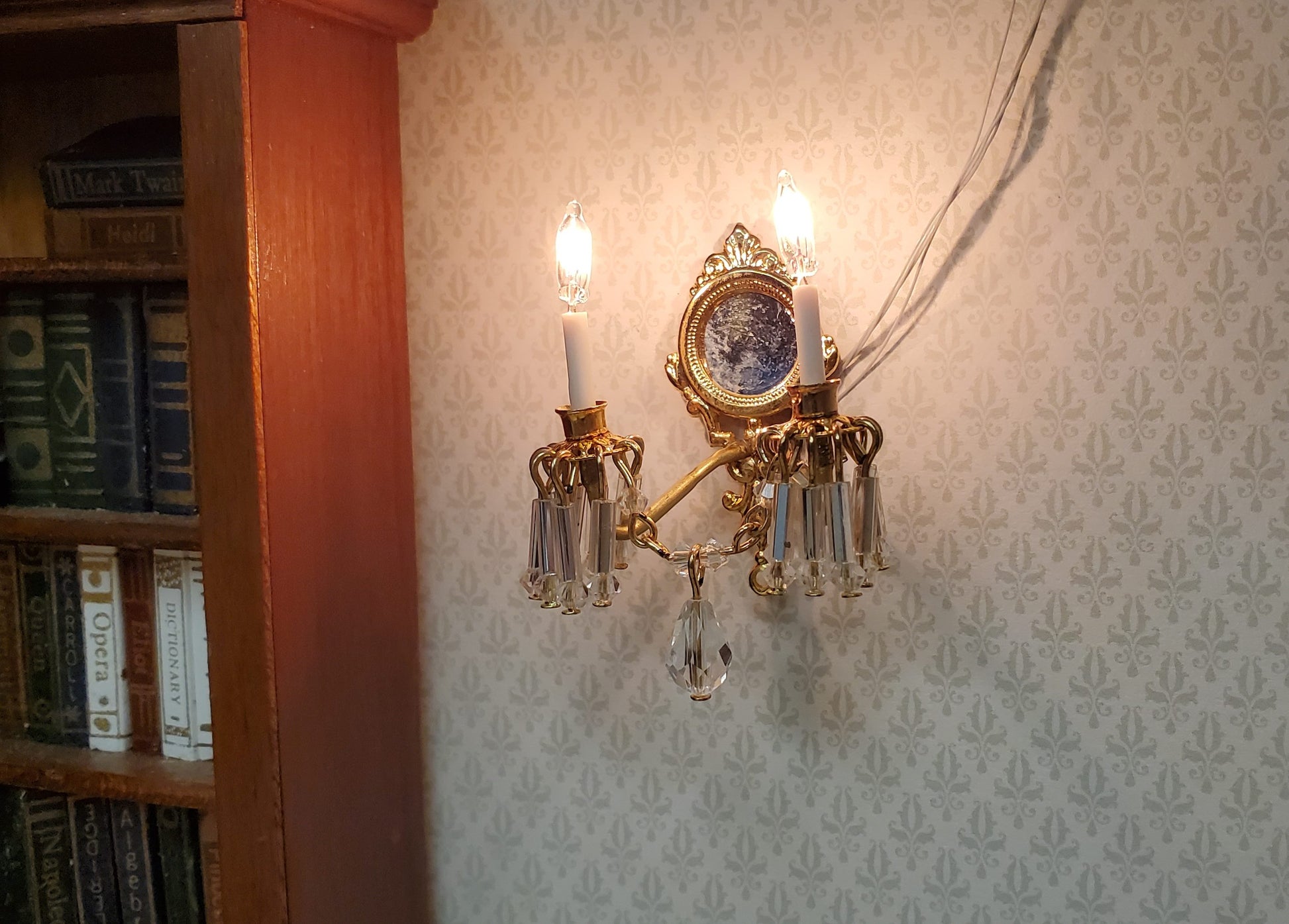 Dollhouse Double Crystal Candle Sconce 12 Volt 1:12 Scale Miniature Handmade