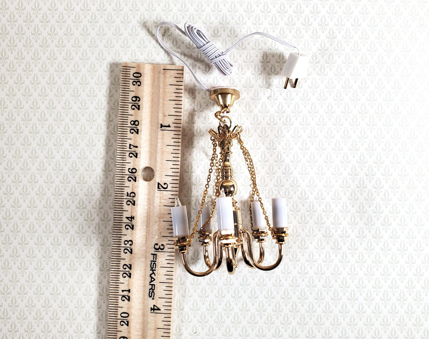 Dollhouse Candle Chandelier Gold 5 Arm 1:12 Scale Miniature 12 Volt with Plug