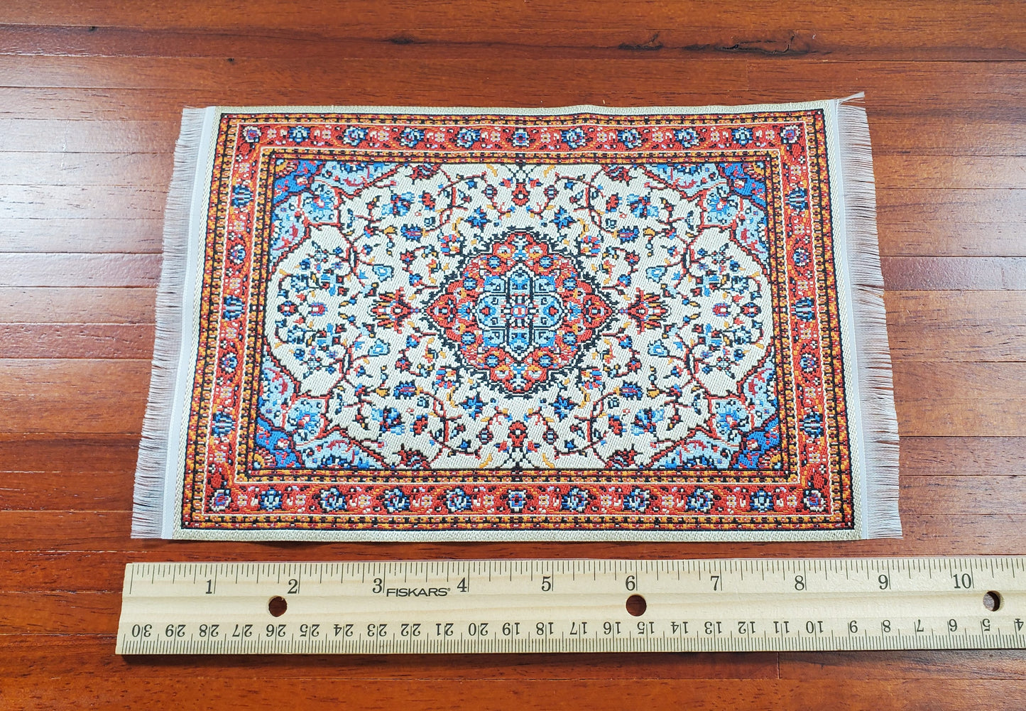 Dollhouse Large Rug Woven Fabric Red Orange Vines 1:12 Scale Miniature 9 1/4 x6