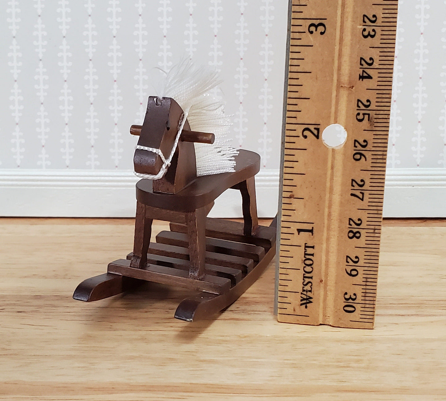 Dollhouse Rocking Horse Toy Walnut Finish 1:12 Scale Miniature Wood for Nursery