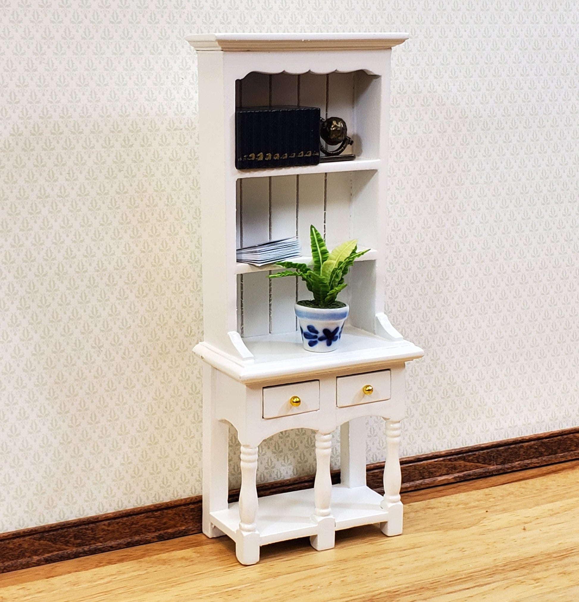 Dollhouse Kitchen Hutch with Pot Shelf 2 Drawer White 1:12 Scale Furniture