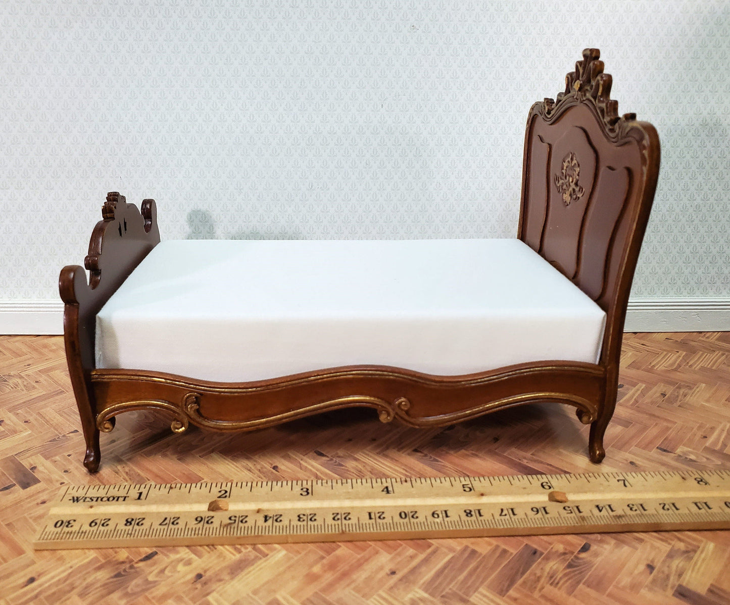 JBM Dollhouse Bed Late Victorian Era Style 1:12 Miniature Furniture Walnut Finish