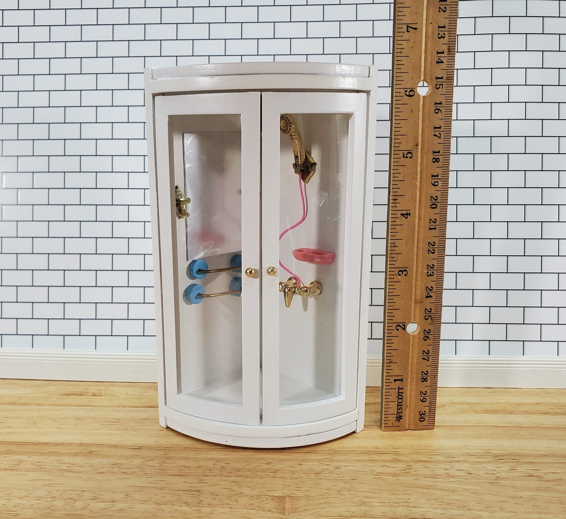 Dollhouse Corner Shower Modern Wood 1:12 Scale Miniature Bathroom White