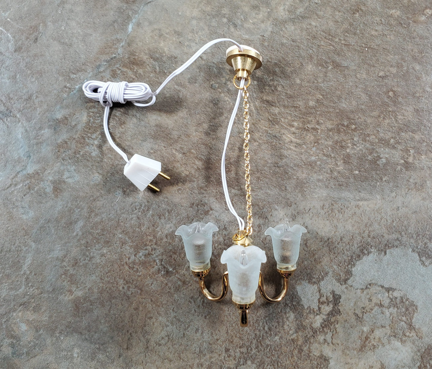 Dollhouse 3 Arm Flower Chandelier Light 12 Volt Electric with Plug 1:12 Scale