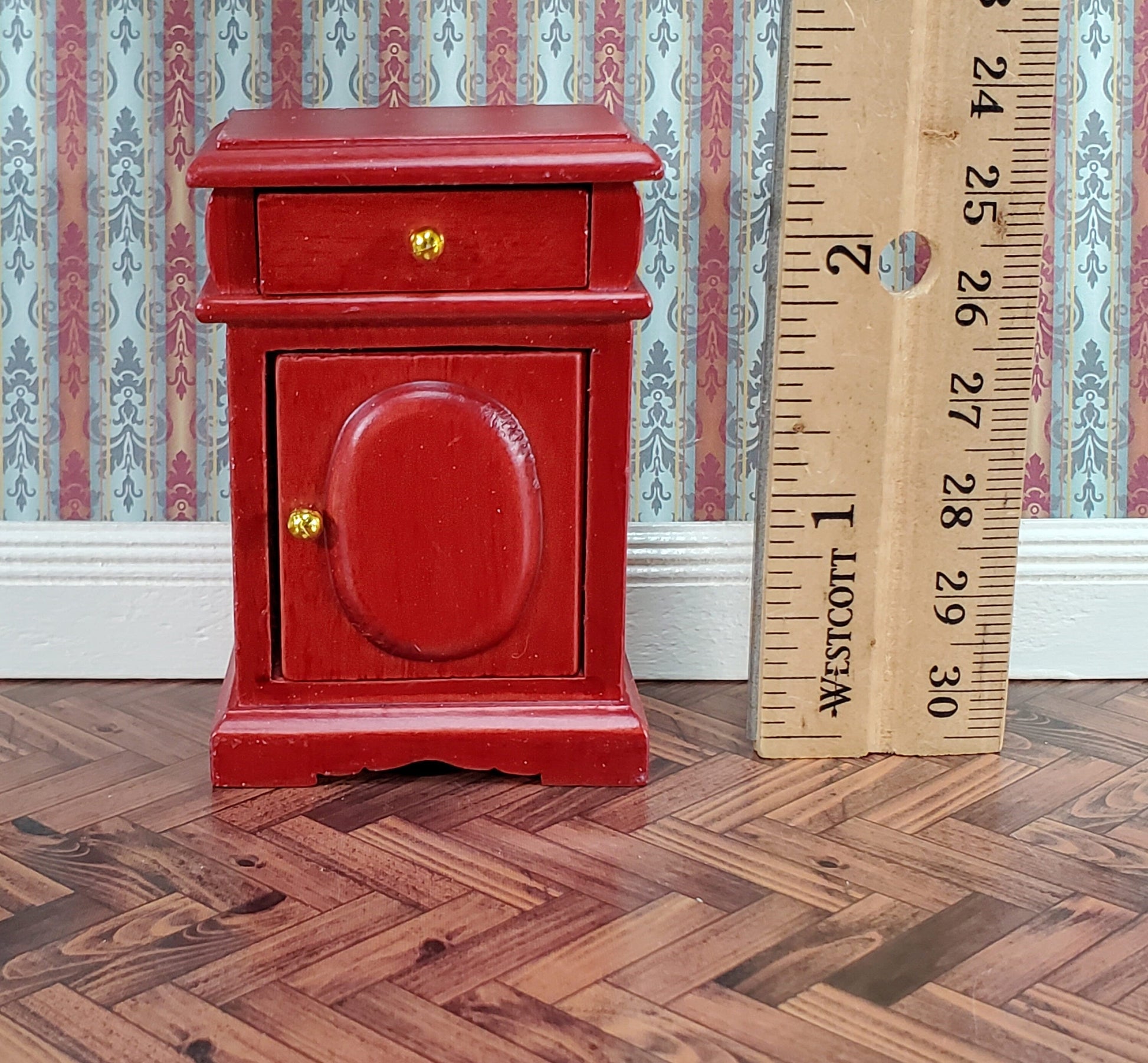 Dollhouse Nightstand Side Table Mahogany Opening Door & Drawer 1:12 Scale Miniature Furniture