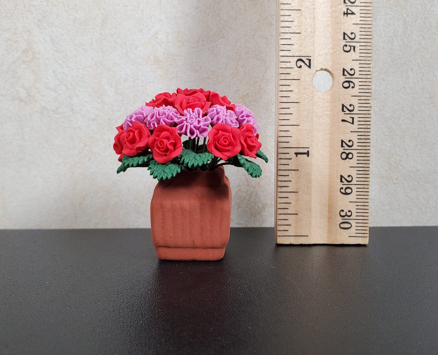 Dollhouse Red Roses Pink Carnations in Terra Cotta Planter 1:12 Scale Miniature