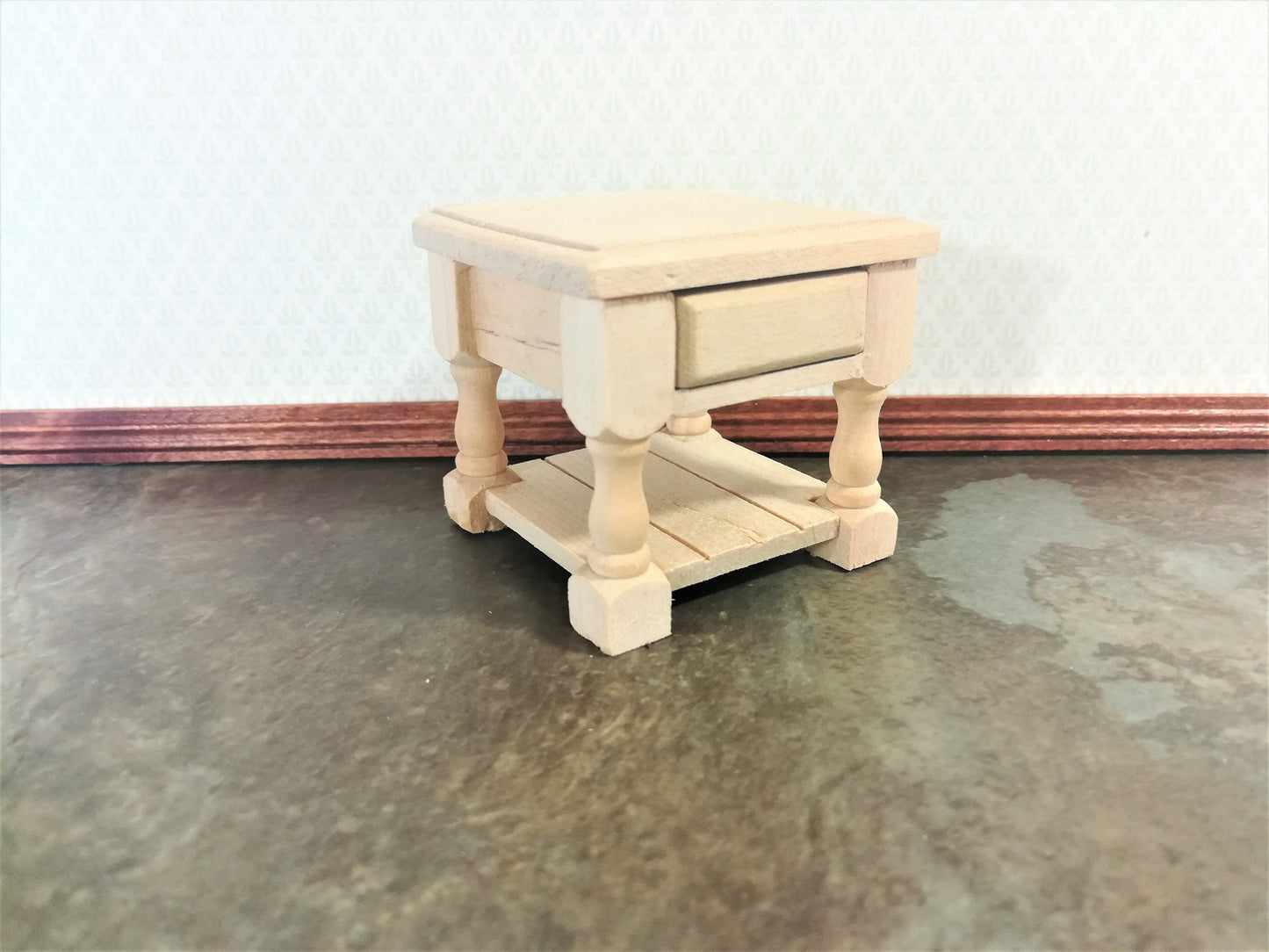 Dollhouse Miniature Side Table or Night Stand with Drawer Unpainted Wood Tudor Style 1:12 Scale Wood