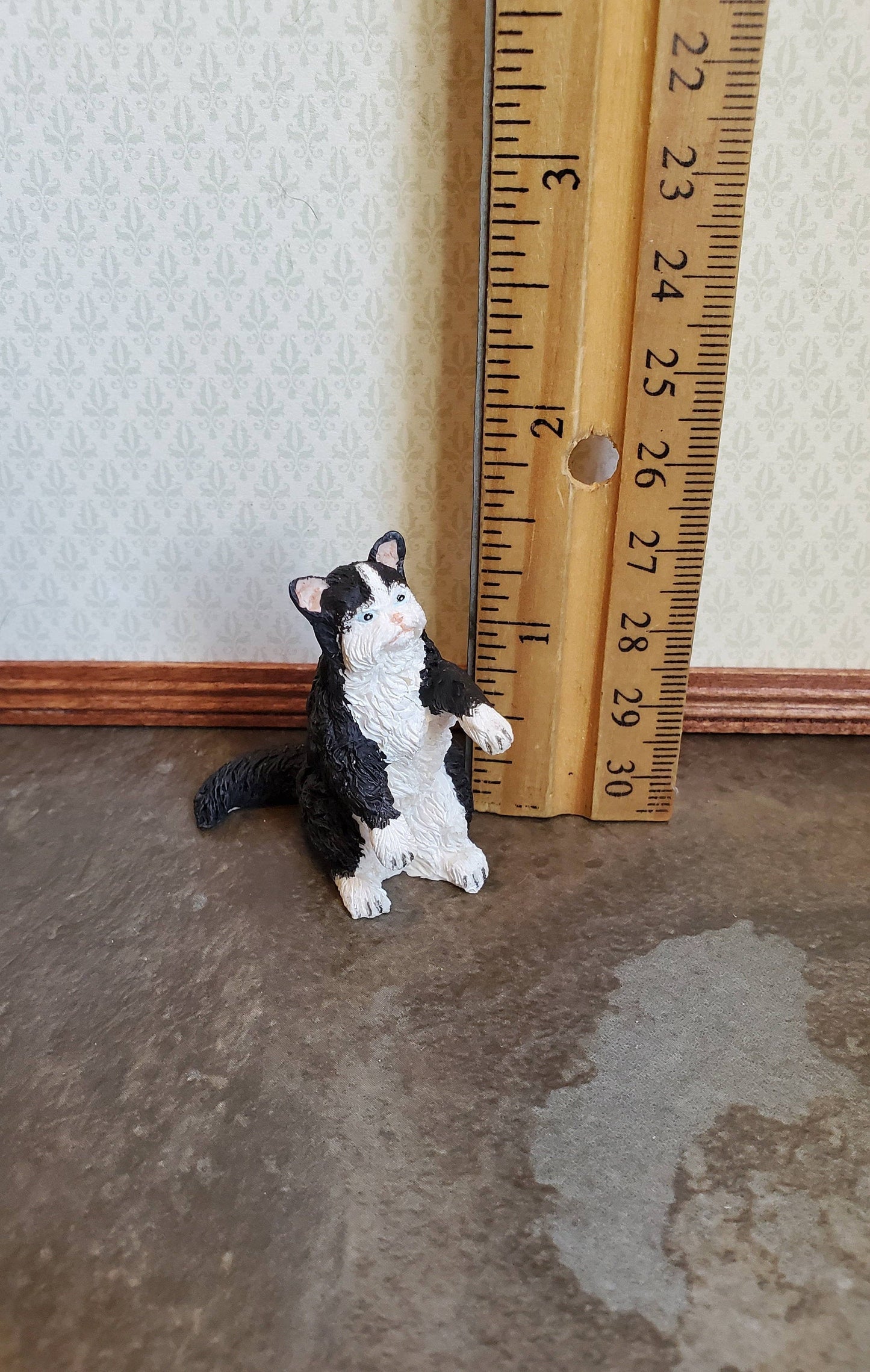 Dollhouse Miniature Kitty Cat Black & White Playful Long Fur 1:12 Scale Pets Animals
