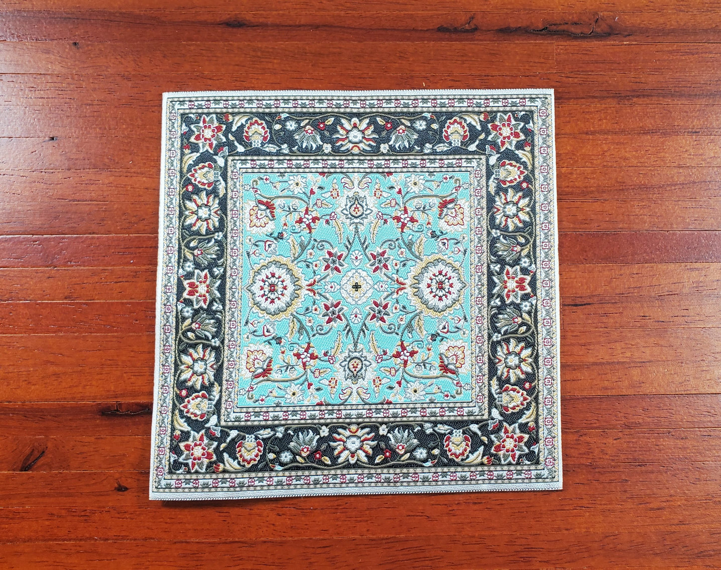 Dollhouse Fabric Rug Square Black Teal Green 1:12 Scale Miniature Carpet