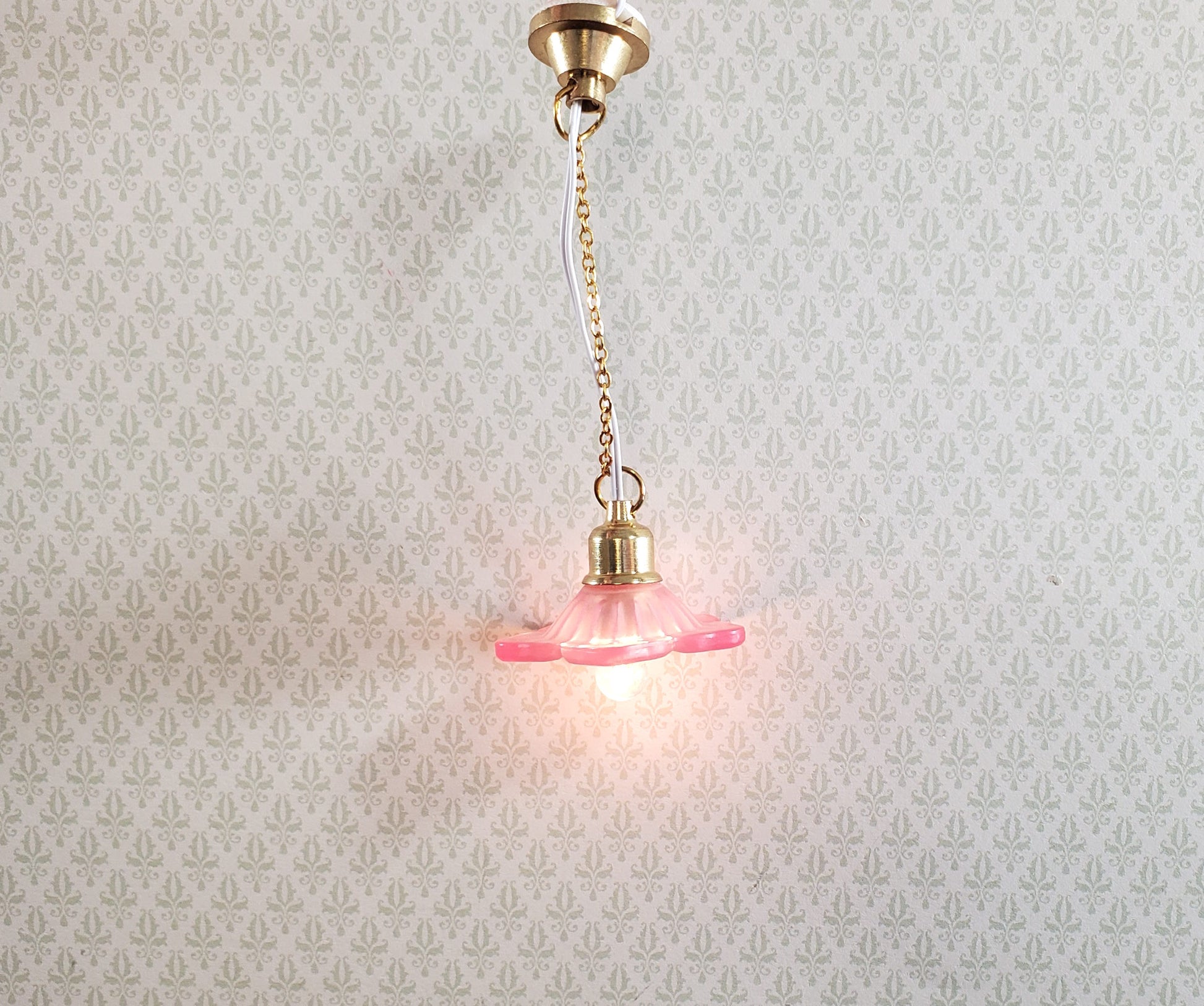 Dollhouse Ceiling Light Frosted Flower Shade PINK 1:12 Scale 12 Volt with Plug