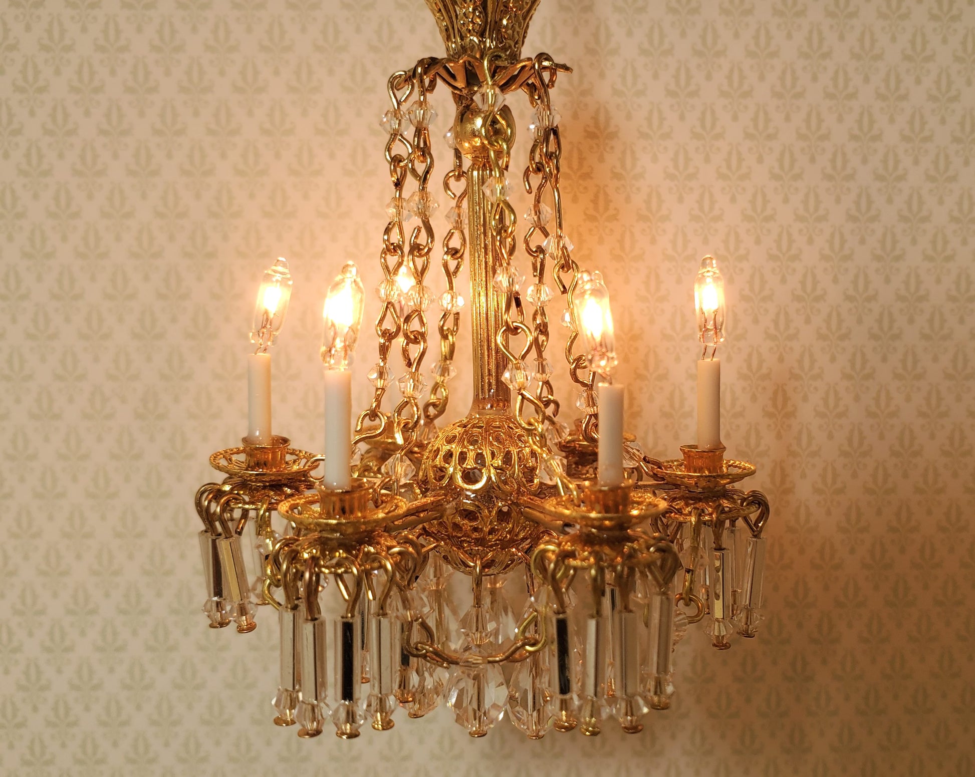 Dollhouse Crystal Chandelier with Drapes 6 Arm Real Glass 12 Volt 1:12 Scale