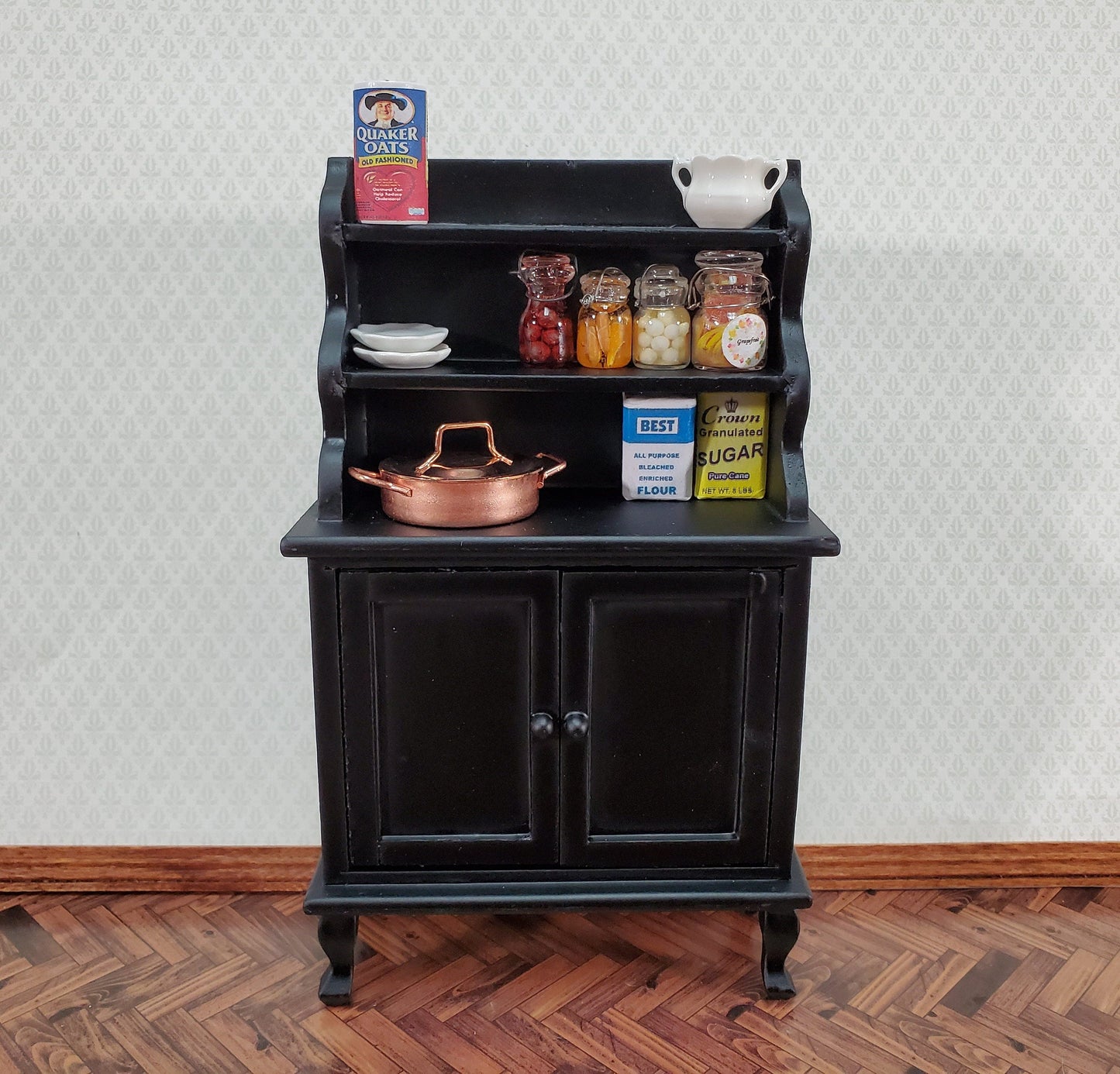Dollhouse Tall Hutch Cabinet with Shelves Wood with a Black Finish 1:12 Scale Miniature Furniture