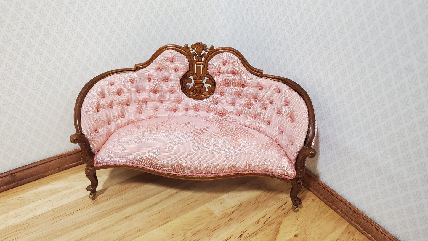 JBM Dollhouse Pink Settee Sofa Victorian Style Walnut Finish 1:12 Scale Couch