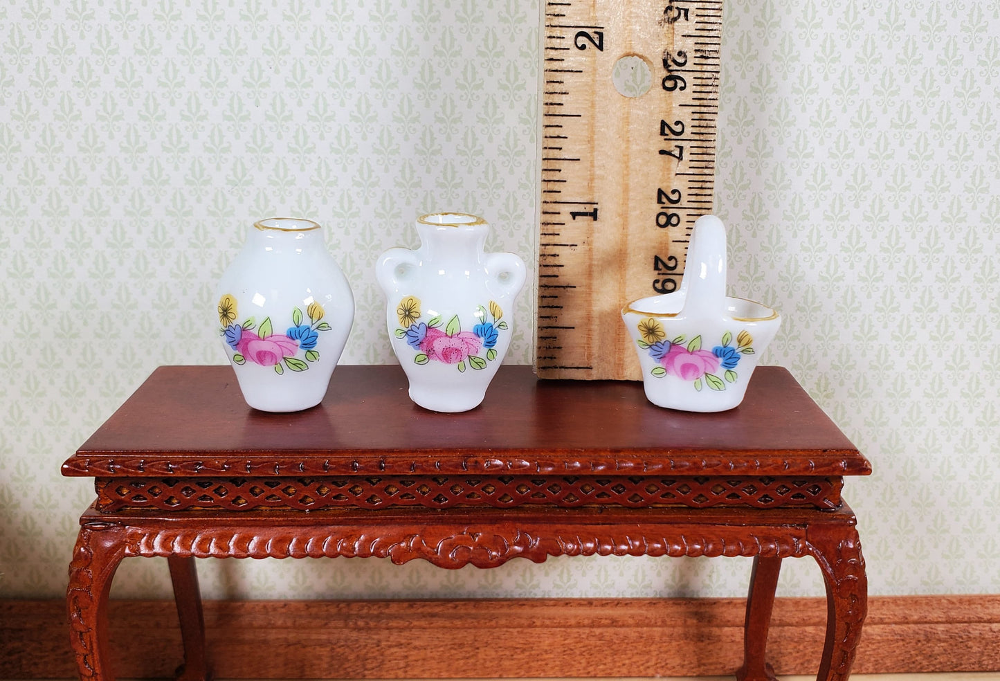 Dollhouse Vase Urn & Basket Ceramic White Pink Floral 3pc 1:12 Scale Miniatures