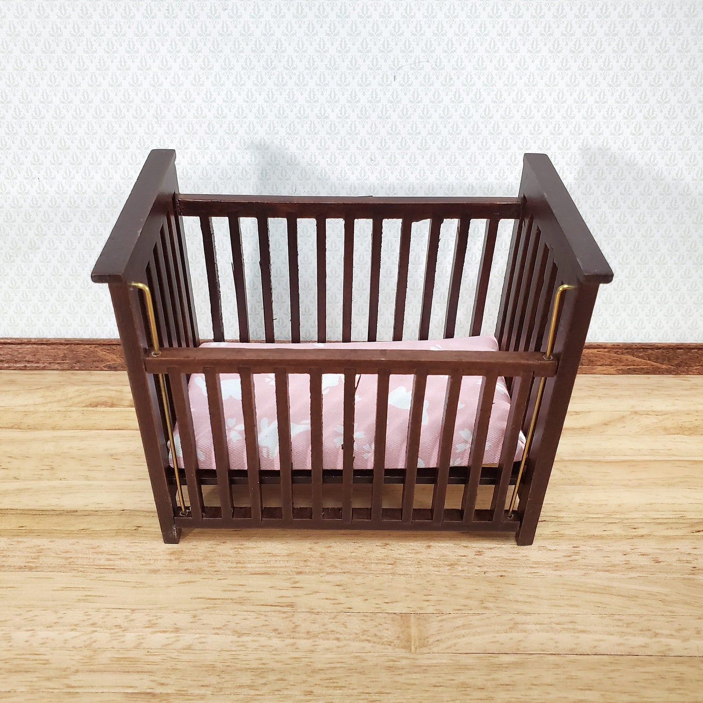 Dollhouse Crib Wood Drop Side Dark Walnut 1:12 Scale Miniature Nursery Furniture