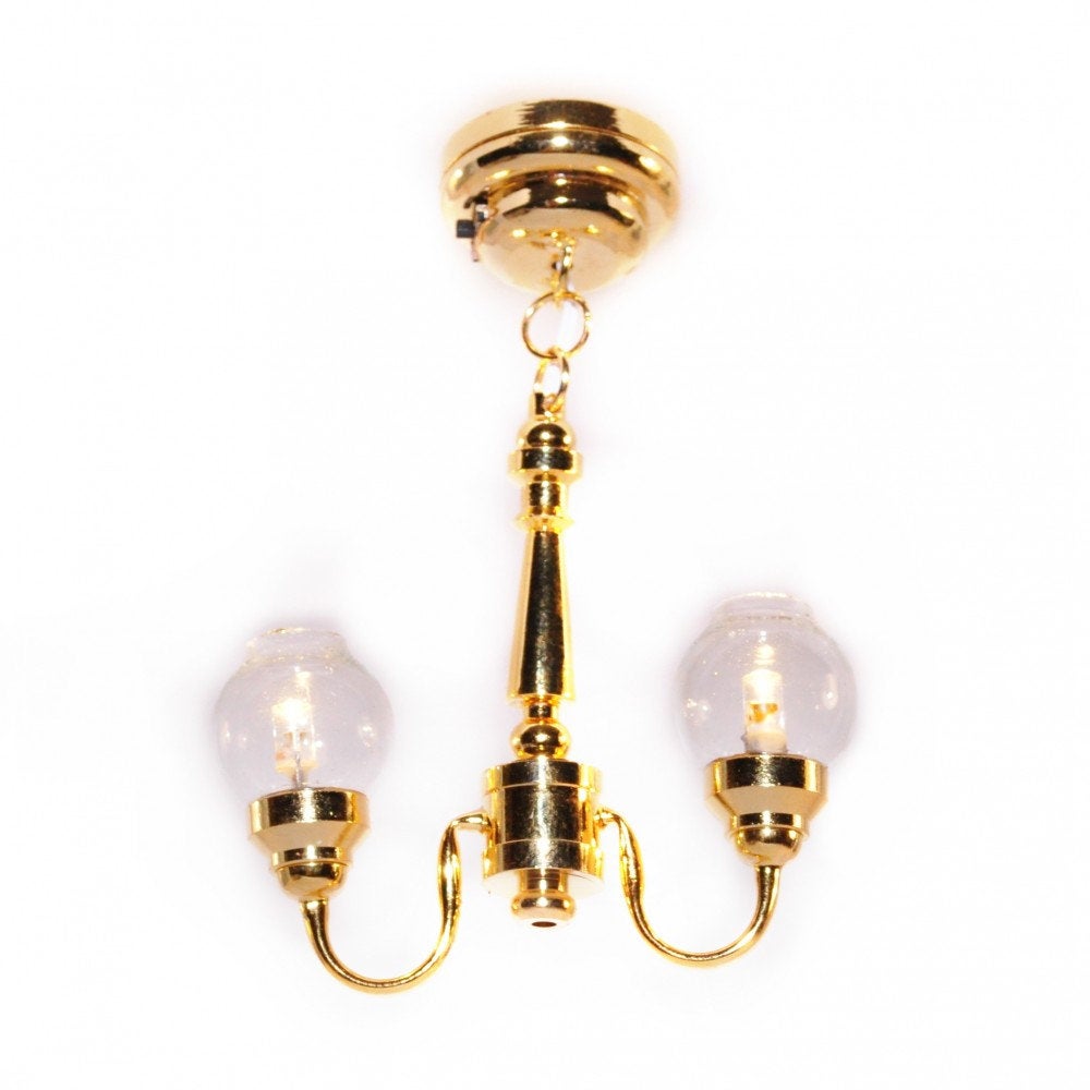Dollhouse Miniature LED Battery Ceiling Light 2 Arm Clear Globes 1:12 Scale