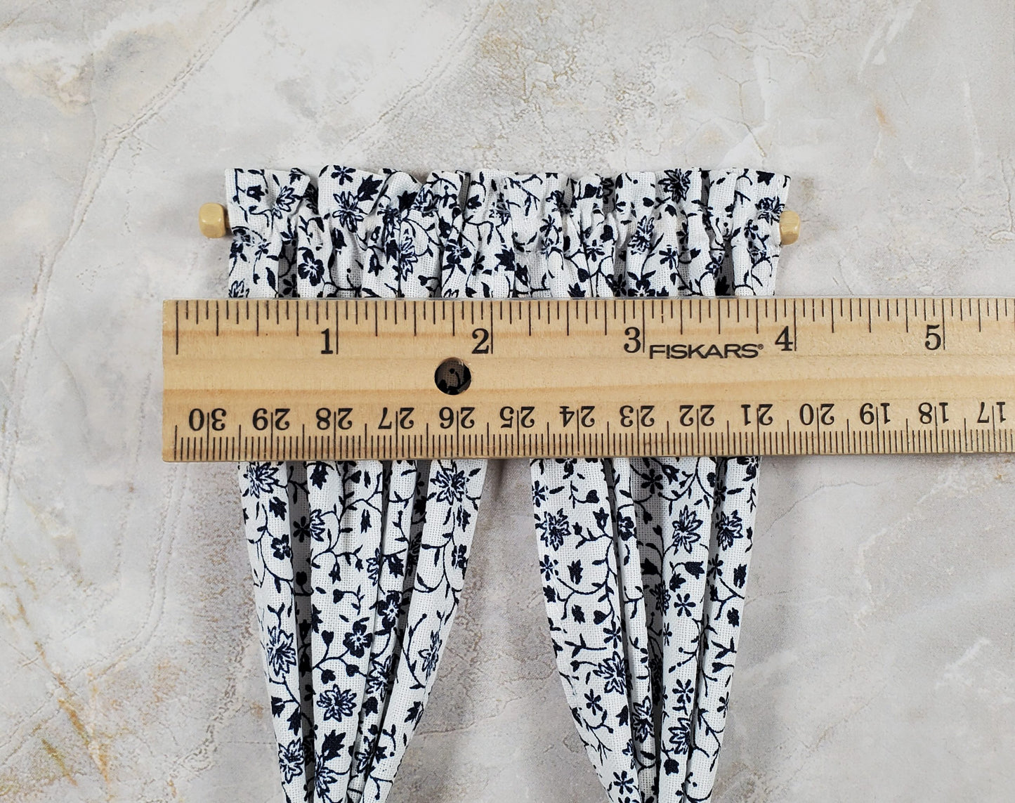 Dollhouse Tie Back Curtains Navy Blue White Floral 1:12 Scale Handmade