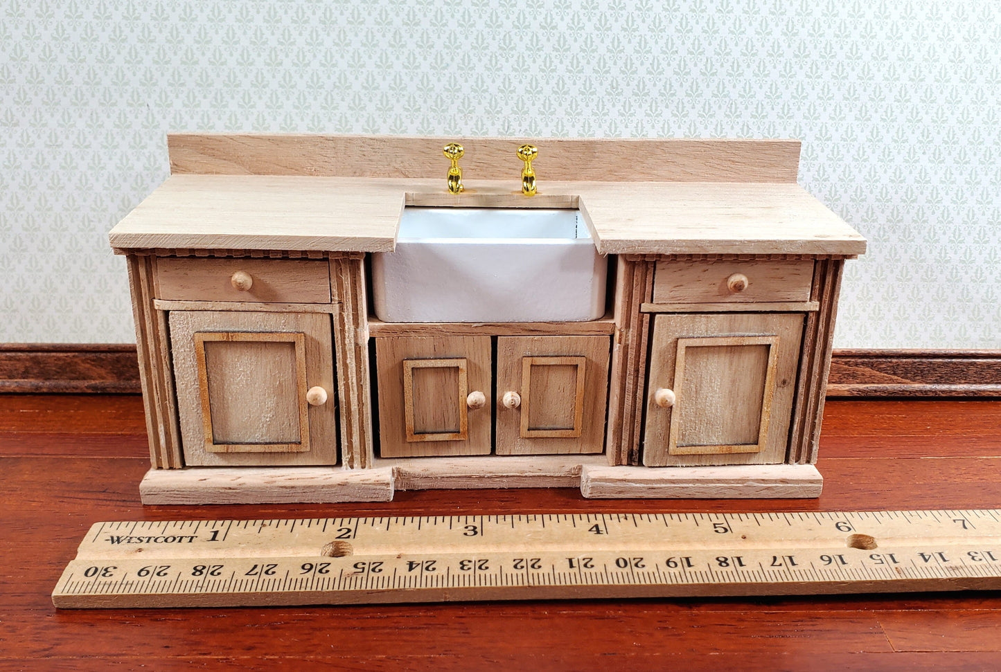 Dollhouse Kitchen Sink with Counter Cabinet 1:12 Scale Miniature Unpainted Wood