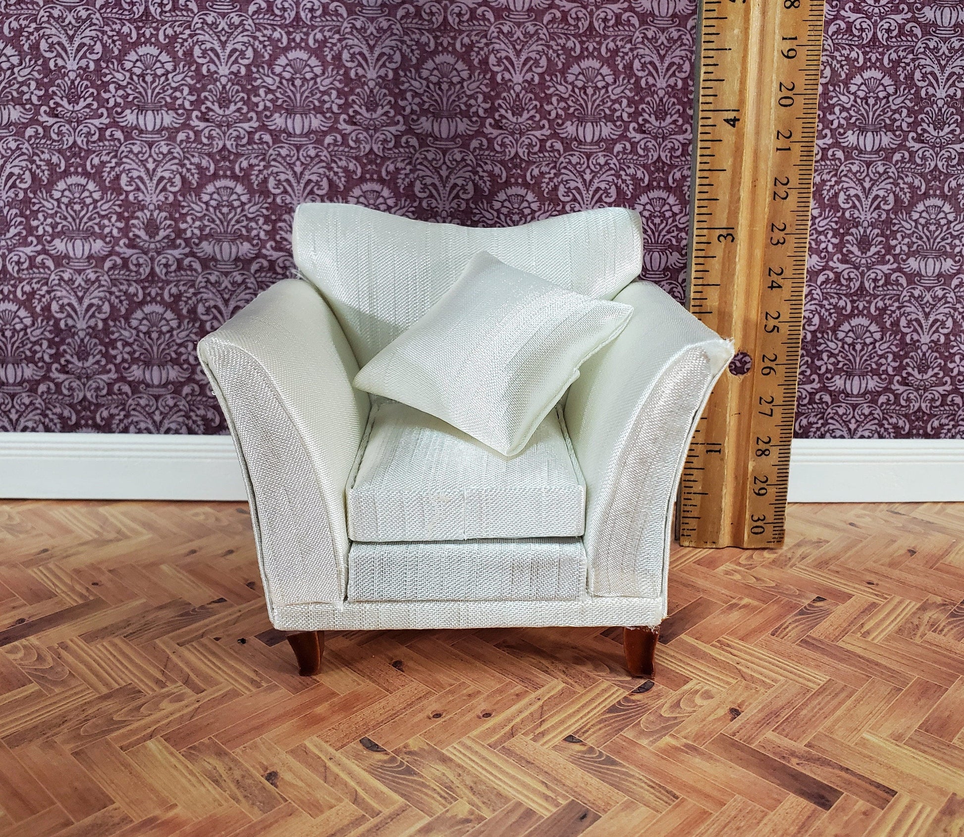 Dollhouse Arm Chair Cream Faux Silk with Cushion 1:12 Scale Miniature Furniture