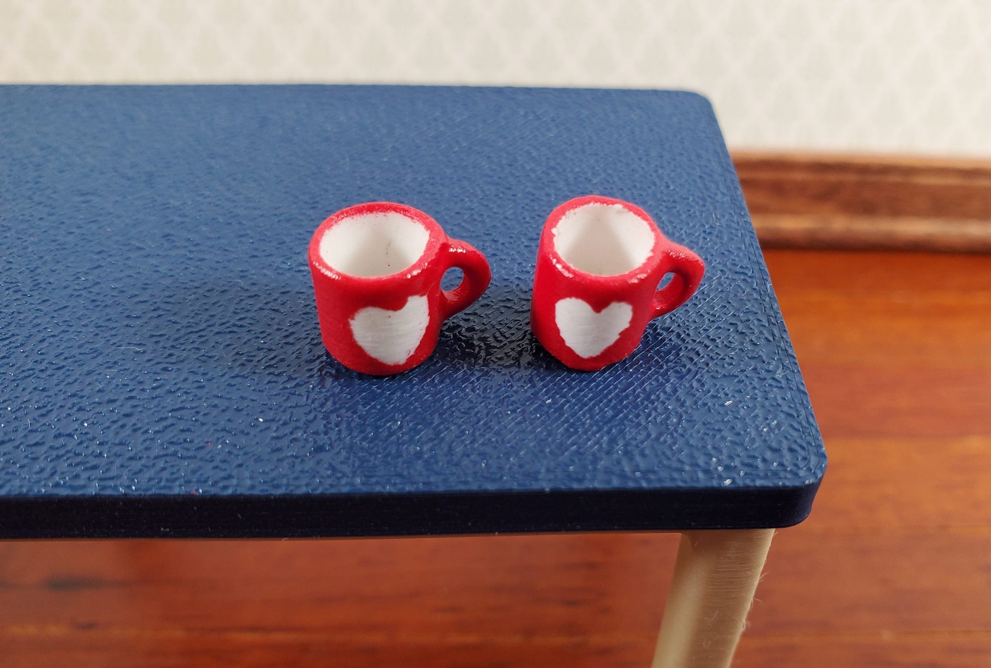 Dollhouse Coffee Mugs Red with White Heart 1:24 Scale Set of 2 Small Dishes