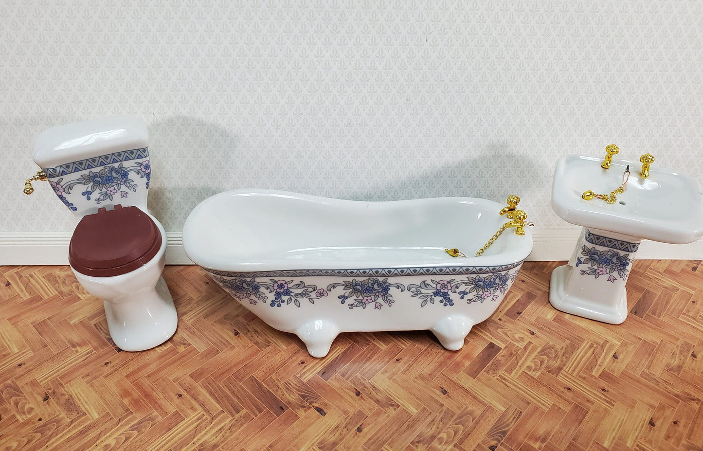 Dollhouse Bathroom Set White & Blue Ceramic Tub Toilet Sink 1:12 Scale Miniature