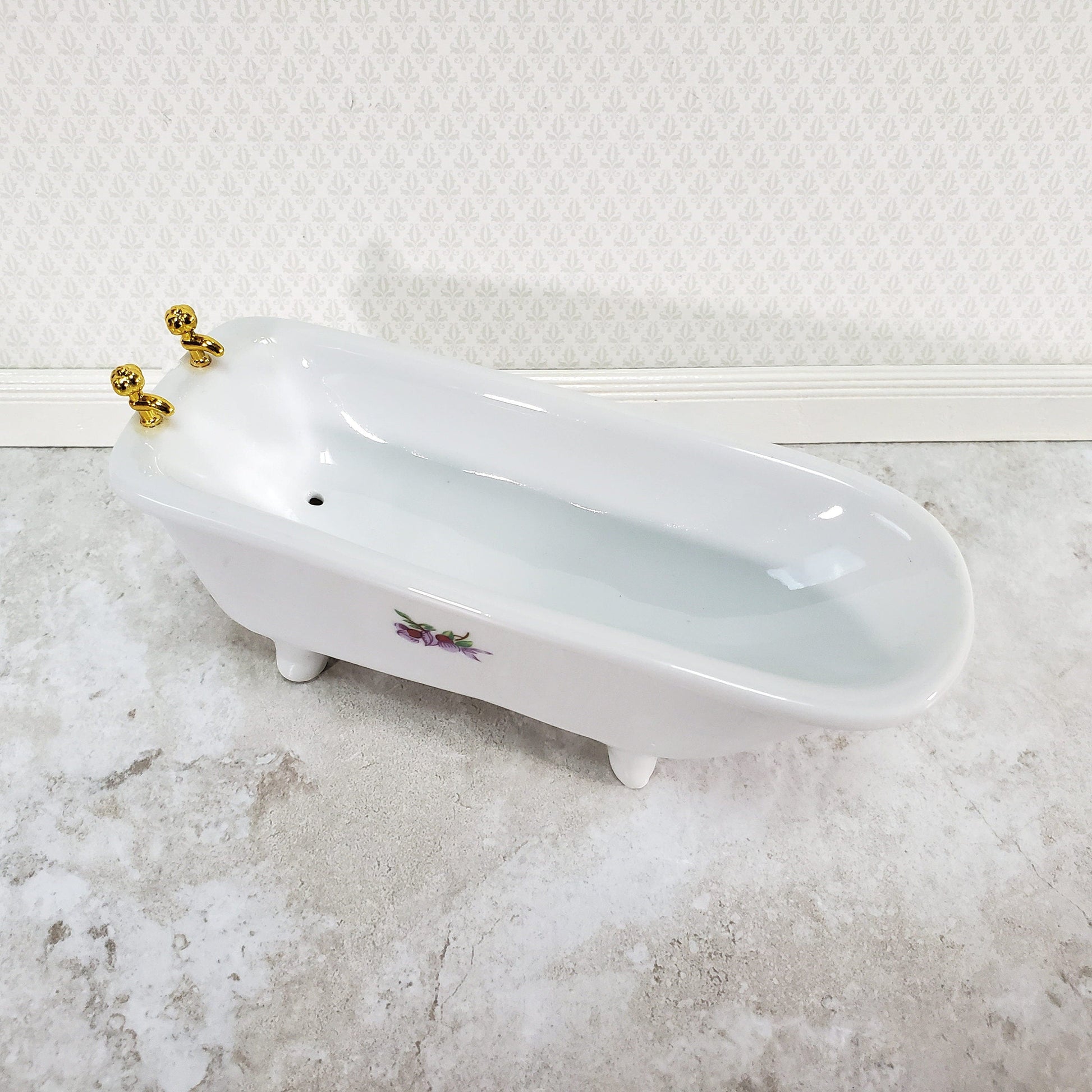 Dollhouse Bathtub White Ceramic with Purple Flowers 1:12 Scale Bathroom Tub