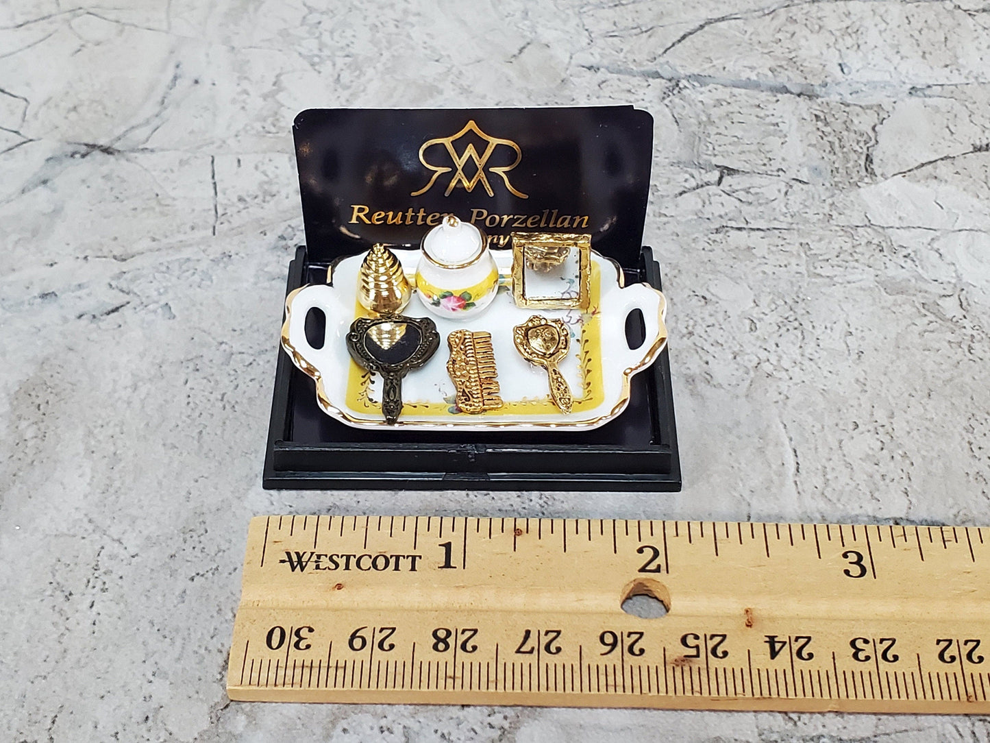 Dollhouse Vanity Set Mirror Comb Perfume Brush Reutter Porcelain 1:12 Scale Miniature
