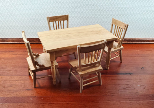 Dollhouse Kitchen Table & 4 Chairs Set Light Oak Finish 1:12 Scale Miniature Furniture